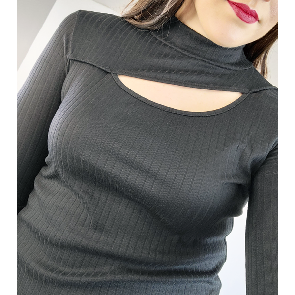Black Knit Asymmetrical Keyhole Long Sleeve Top (S)