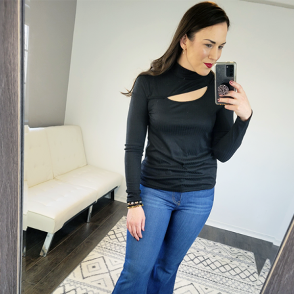 Black Knit Asymmetrical Keyhole Long Sleeve Top