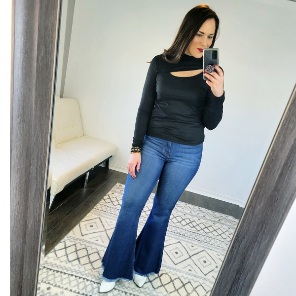 Black Knit Asymmetrical Keyhole Long Sleeve Top