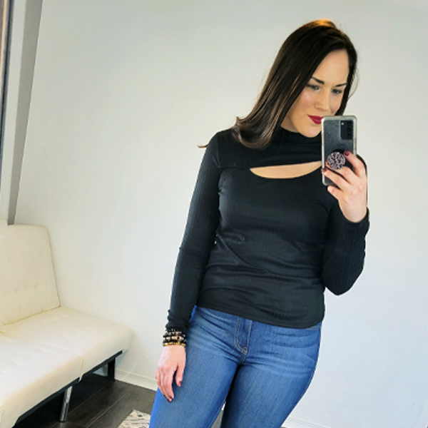 Black Knit Asymmetrical Keyhole Long Sleeve Top