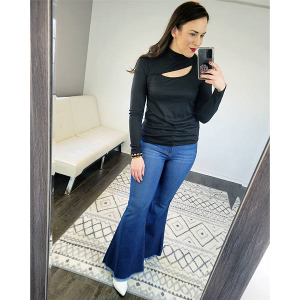Black Knit Asymmetrical Keyhole Long Sleeve Top