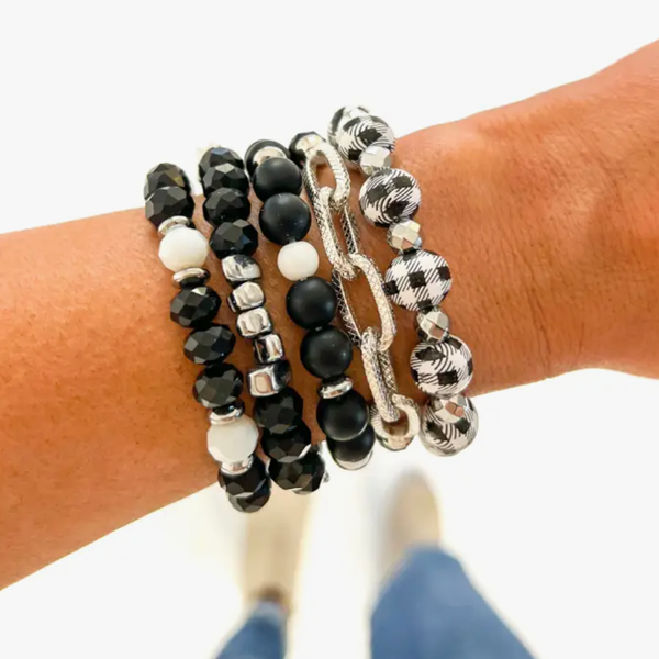 Silver Chain White Buffalo Plaid Bracelet Stack