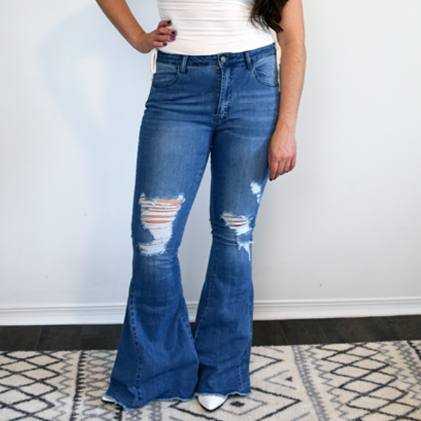Saints & Hearts Distressed High Rise Denim Flares Raw Hem (3X)