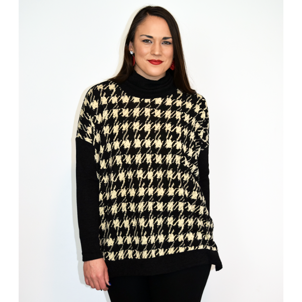 Black/Cream Houndstooth Cowl Neck Poncho