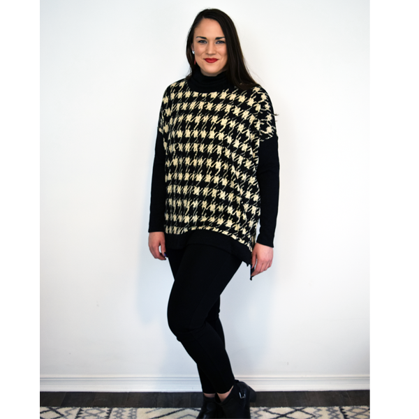 Black/Cream Houndstooth Cowl Neck Poncho