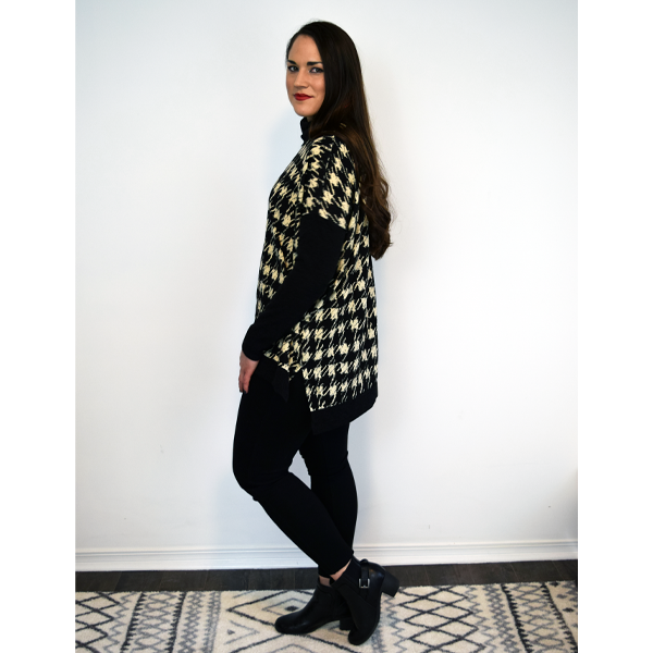 Black/Cream Houndstooth Cowl Neck Poncho