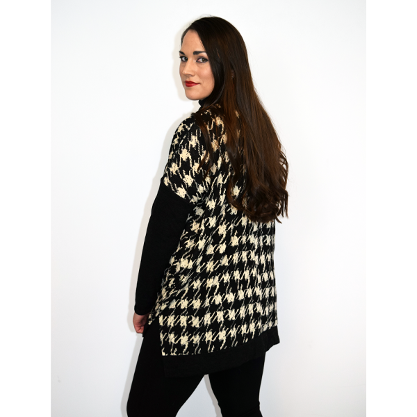 Black/Cream Houndstooth Cowl Neck Poncho