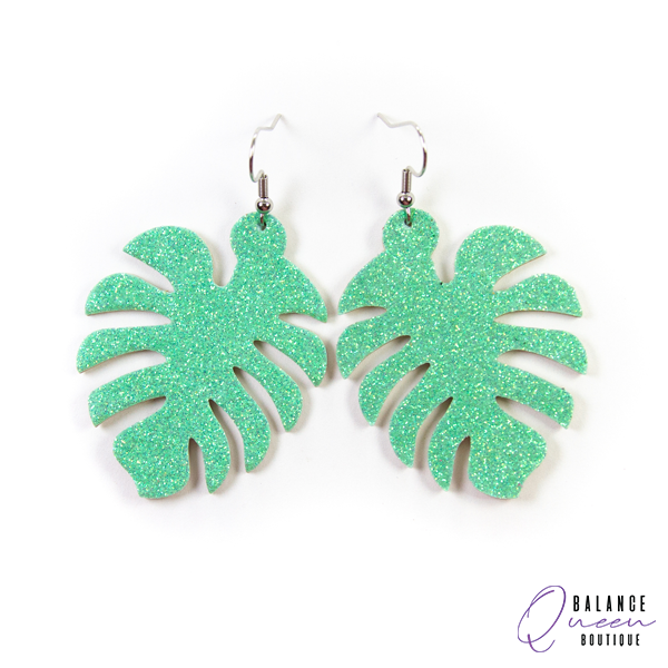 Mint Green Monstera Leaf Leather Earrings