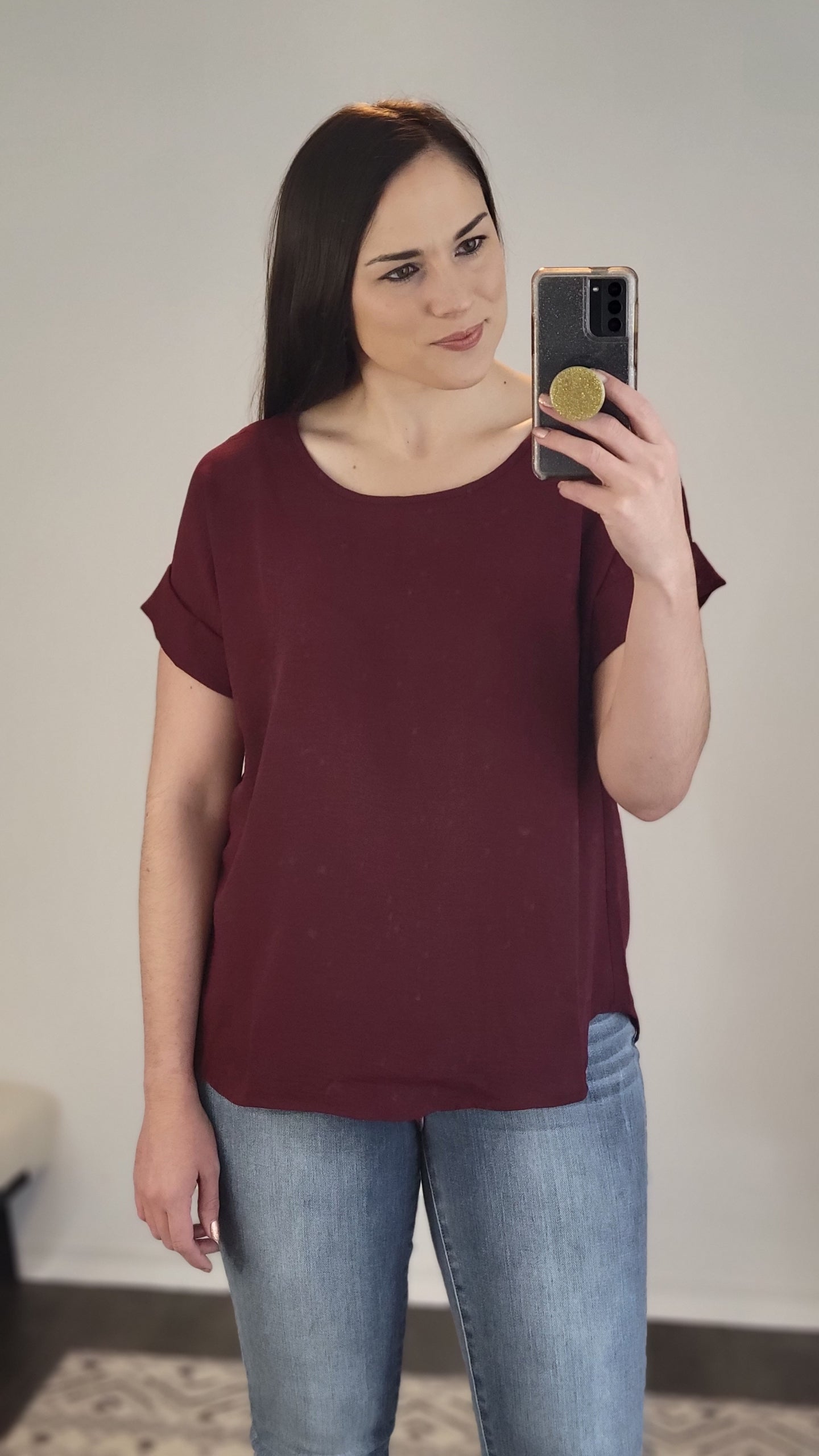 Burgundy Scoop Neck Short Sleeve Woven Top “Lacy”