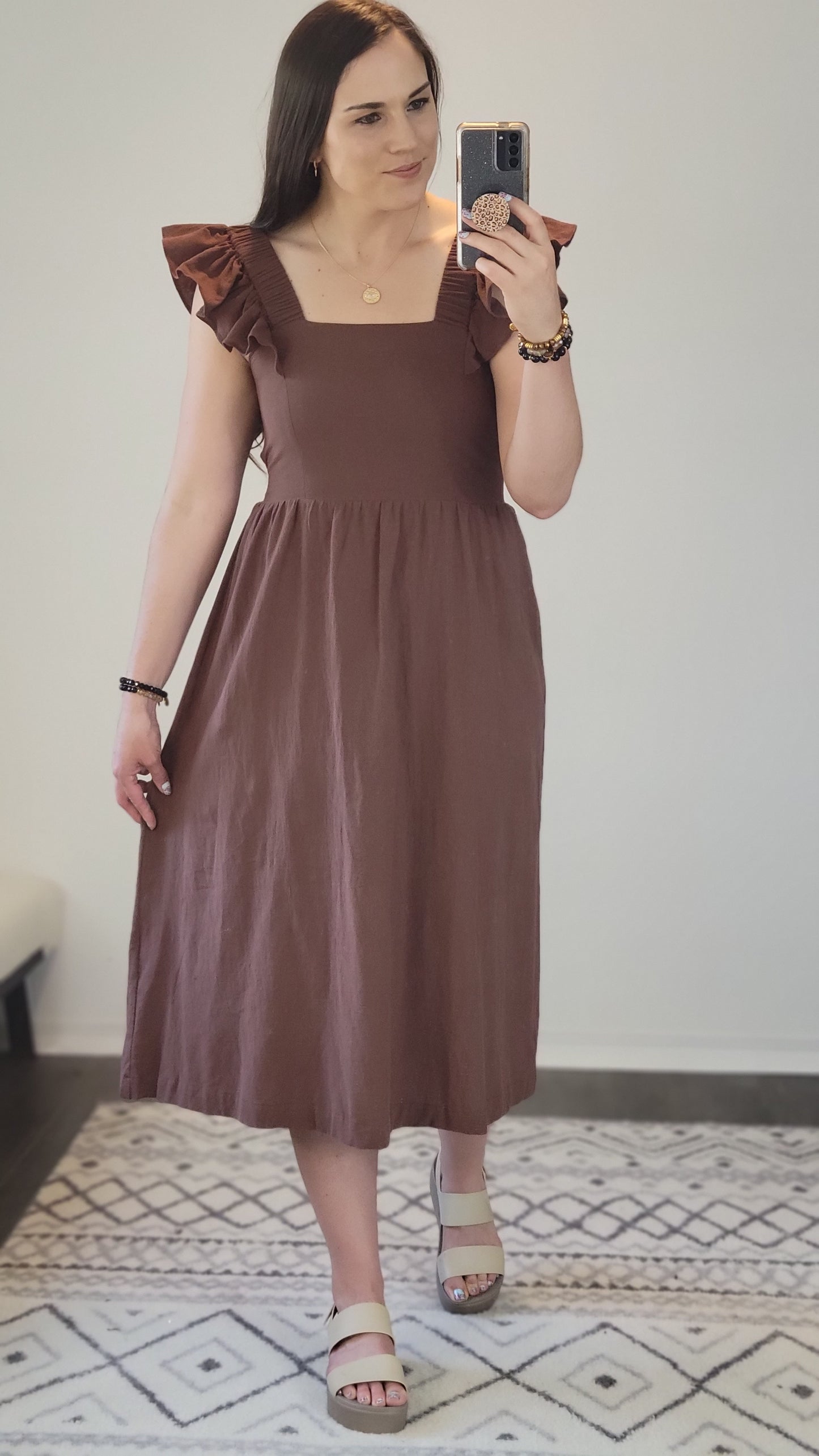 Mocha Linen Ruffle Open Tie Back Midi Dress “Mandy”