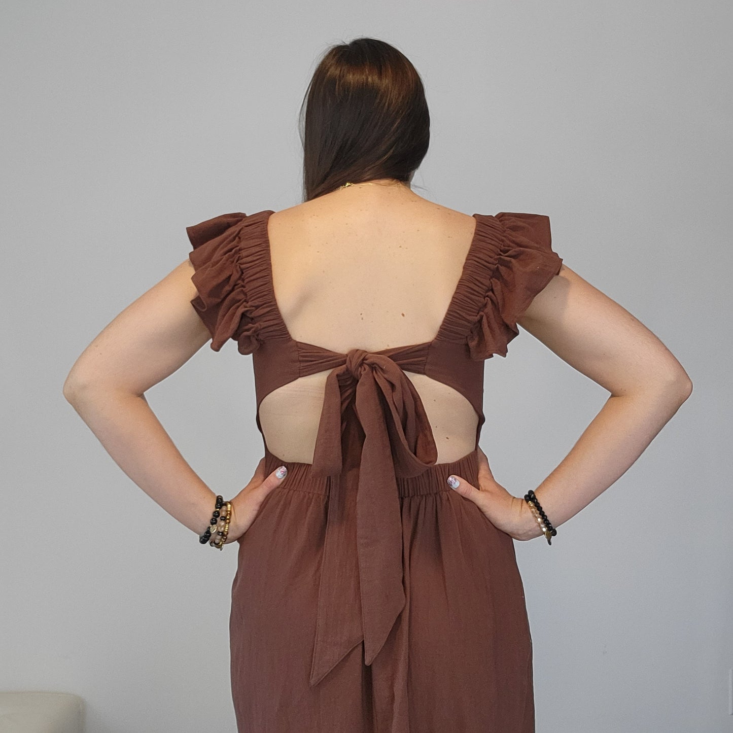 Mocha Linen Ruffle Open Tie Back Midi Dress “Mandy”