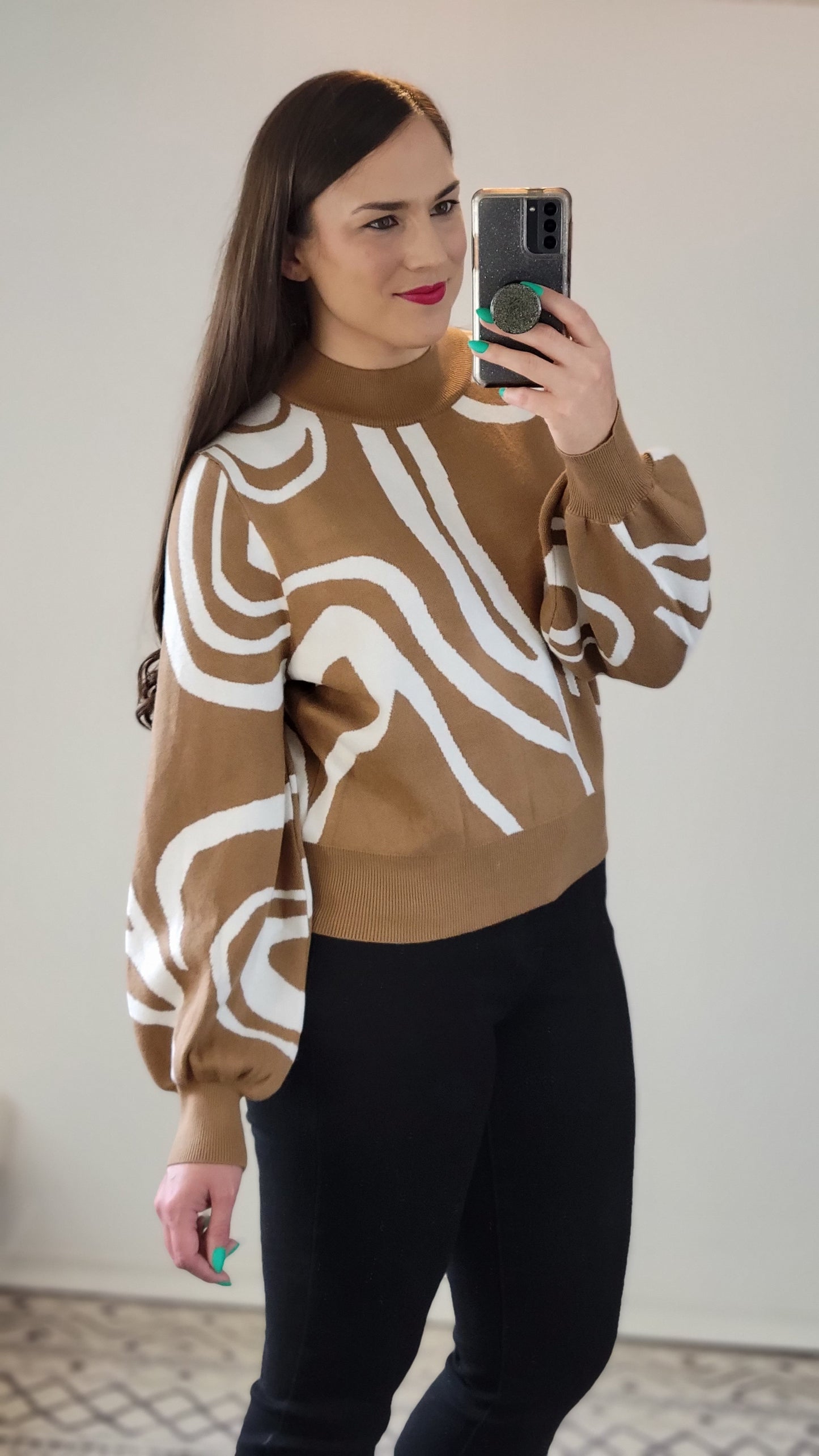 Camel Mock Neck Swirl Printed Sweater "Jessica"