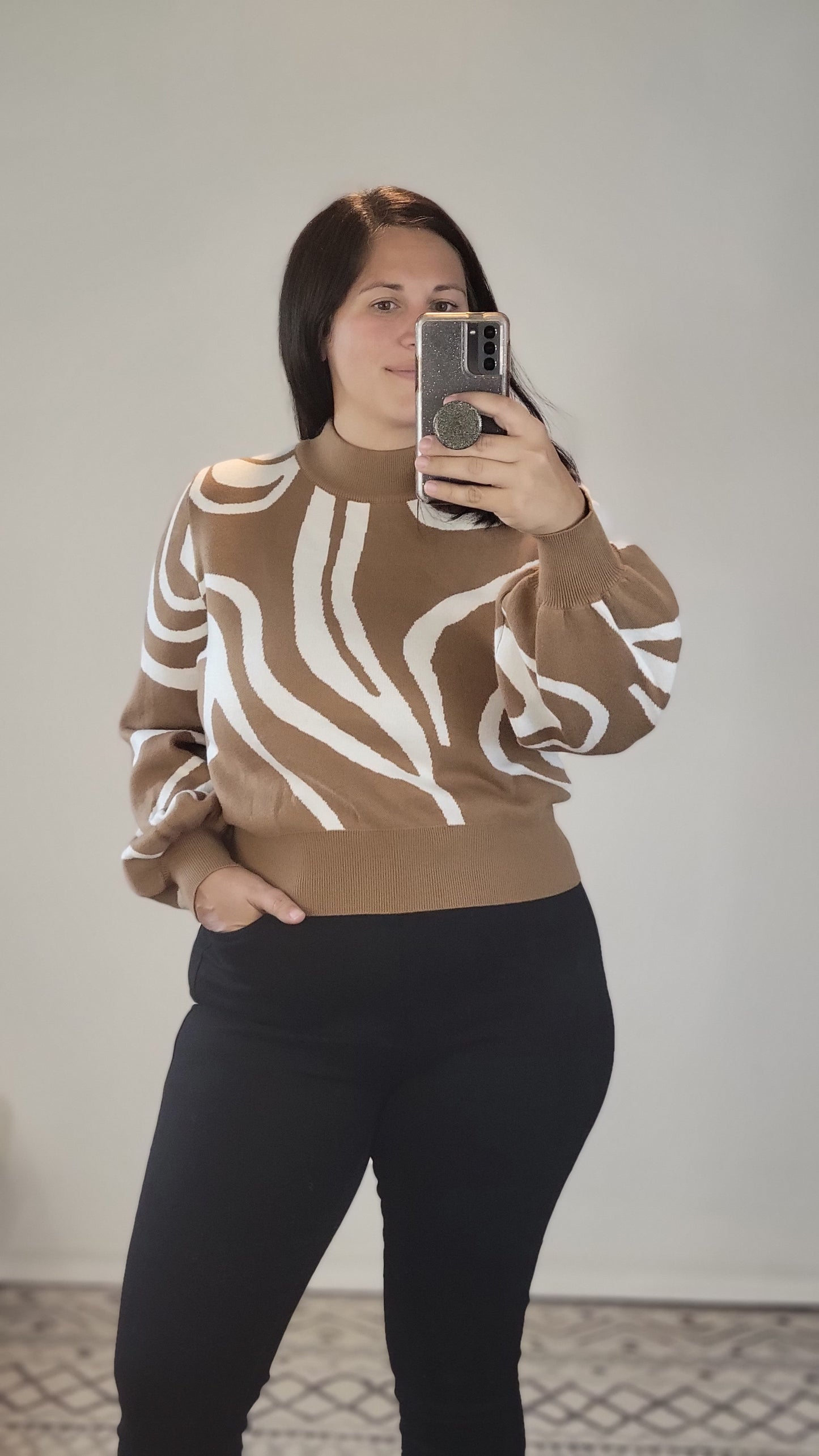 Camel Mock Neck Swirl Printed Sweater "Jessica"