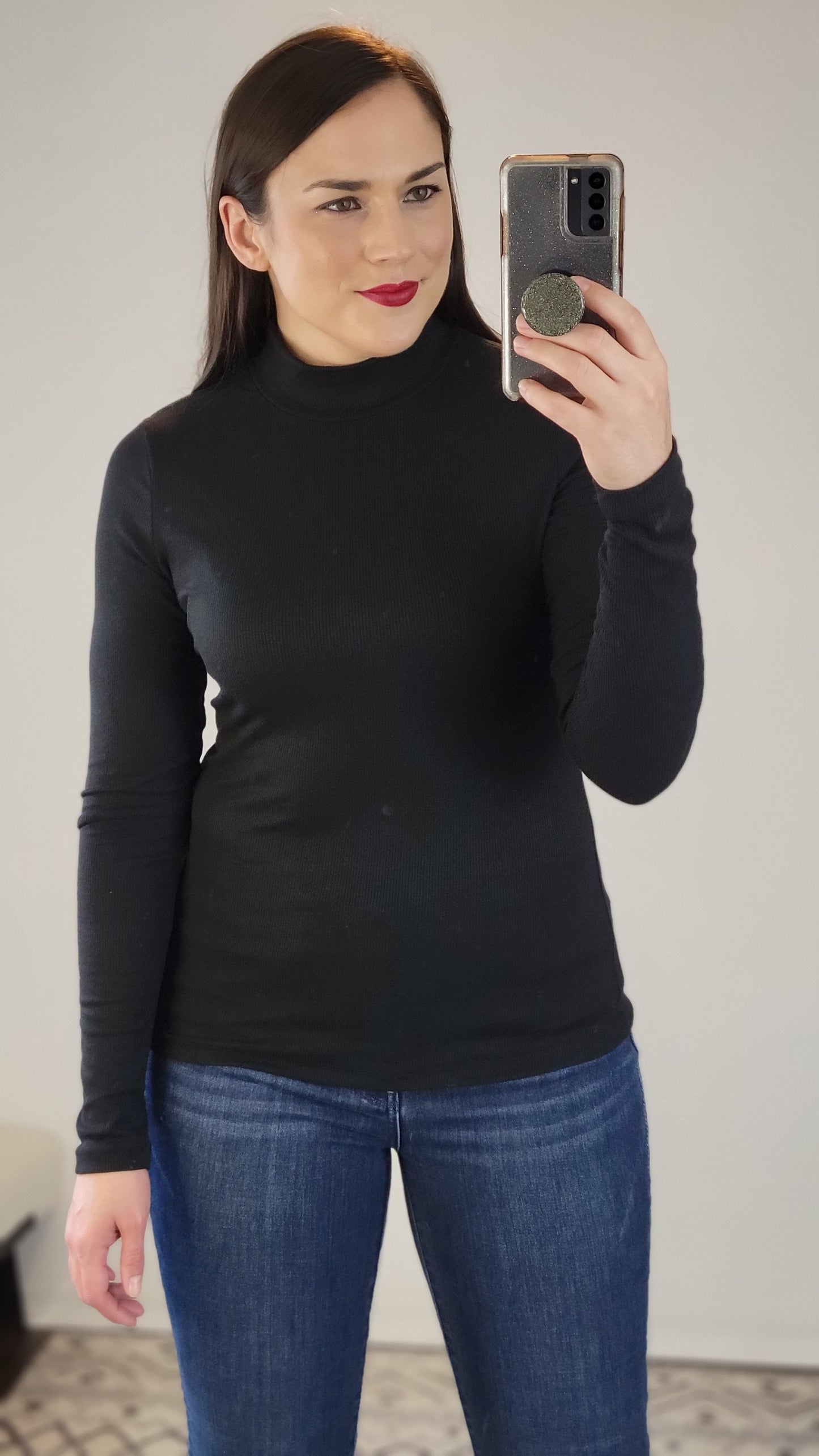 Black Ribbed Basic Mock Neck Long Sleeve Top "Elena"