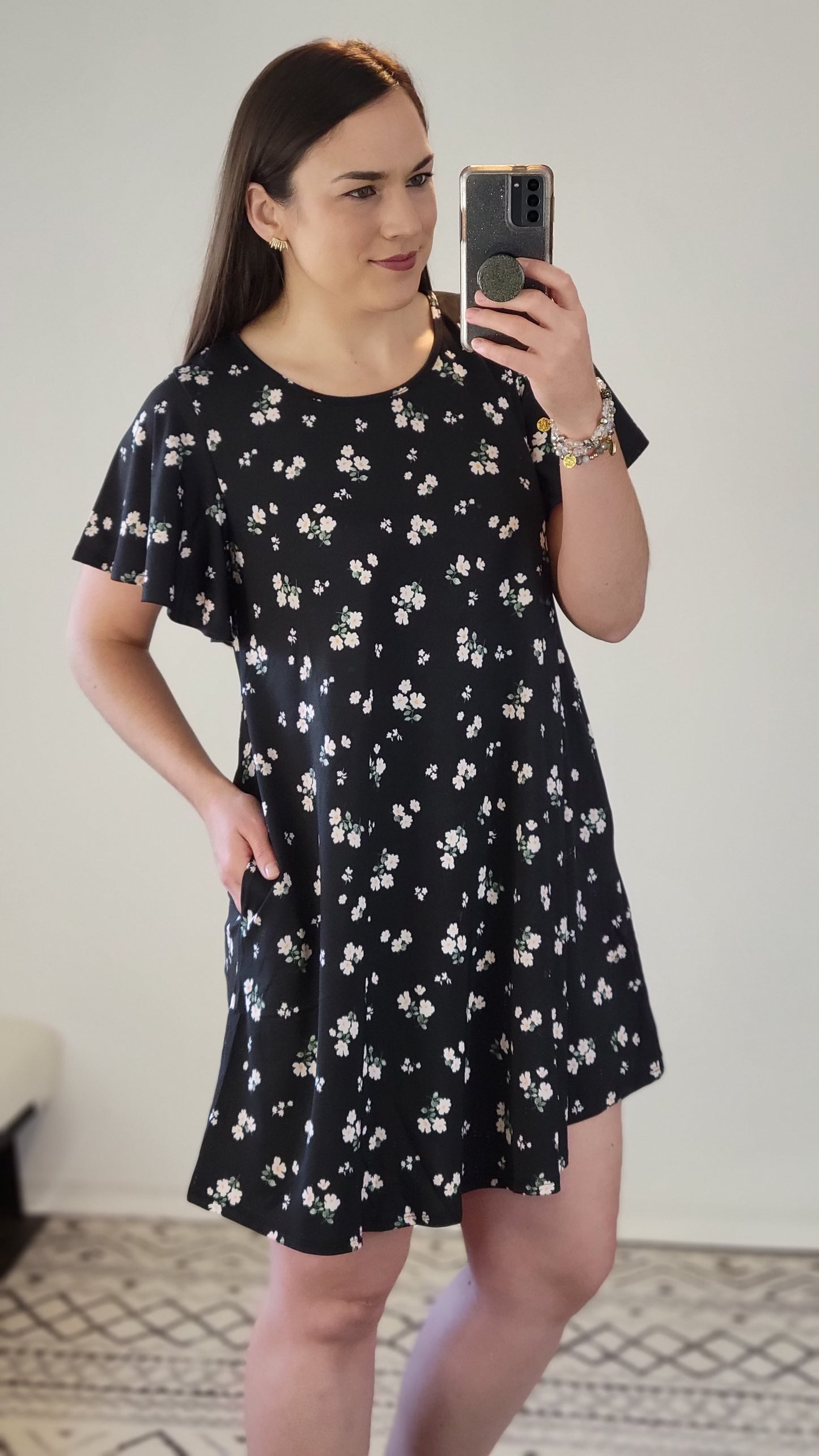 Black Floral Mini Dress with Pockets "Ellen"