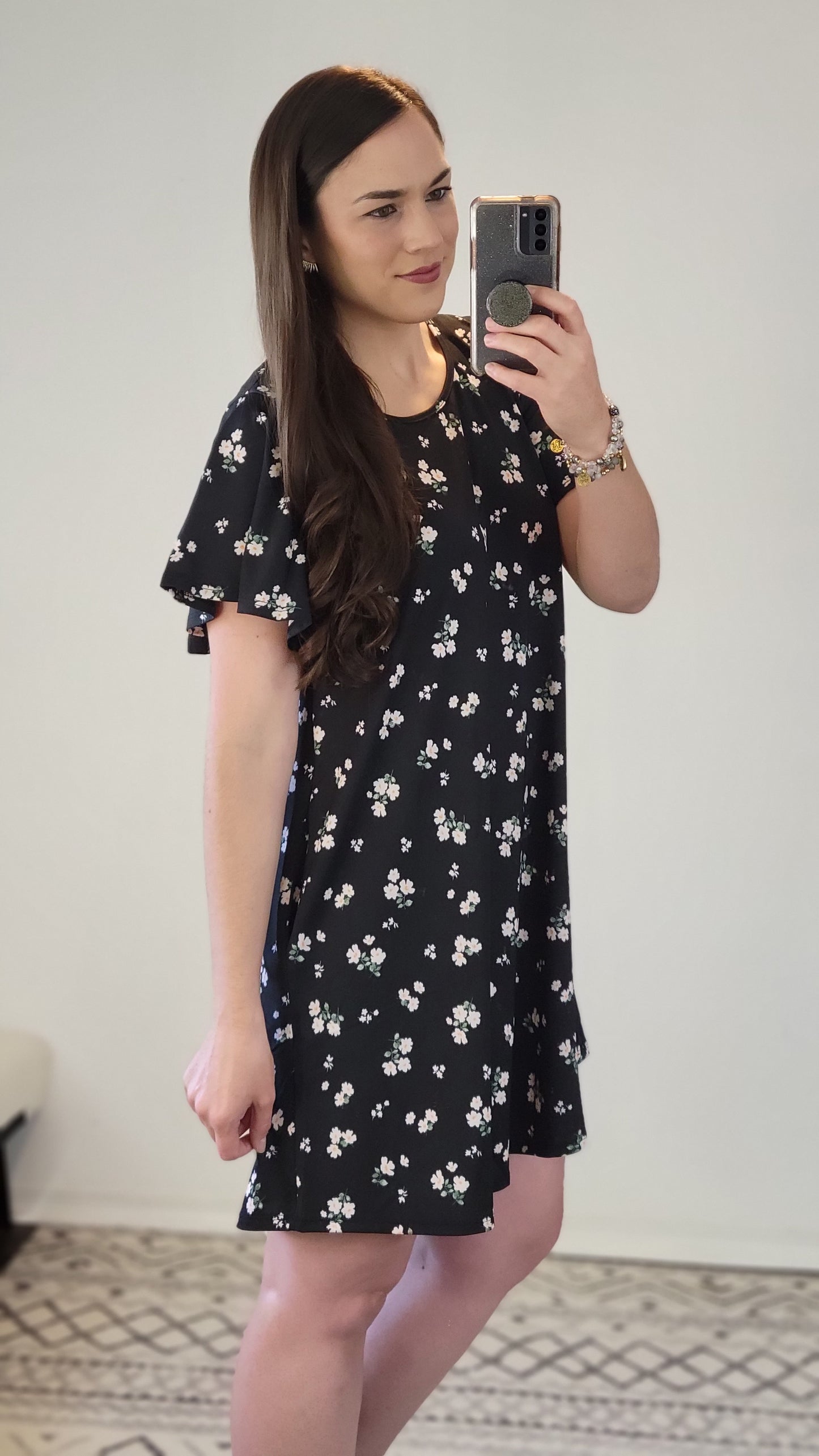 Black Floral Mini Dress with Pockets "Ellen"