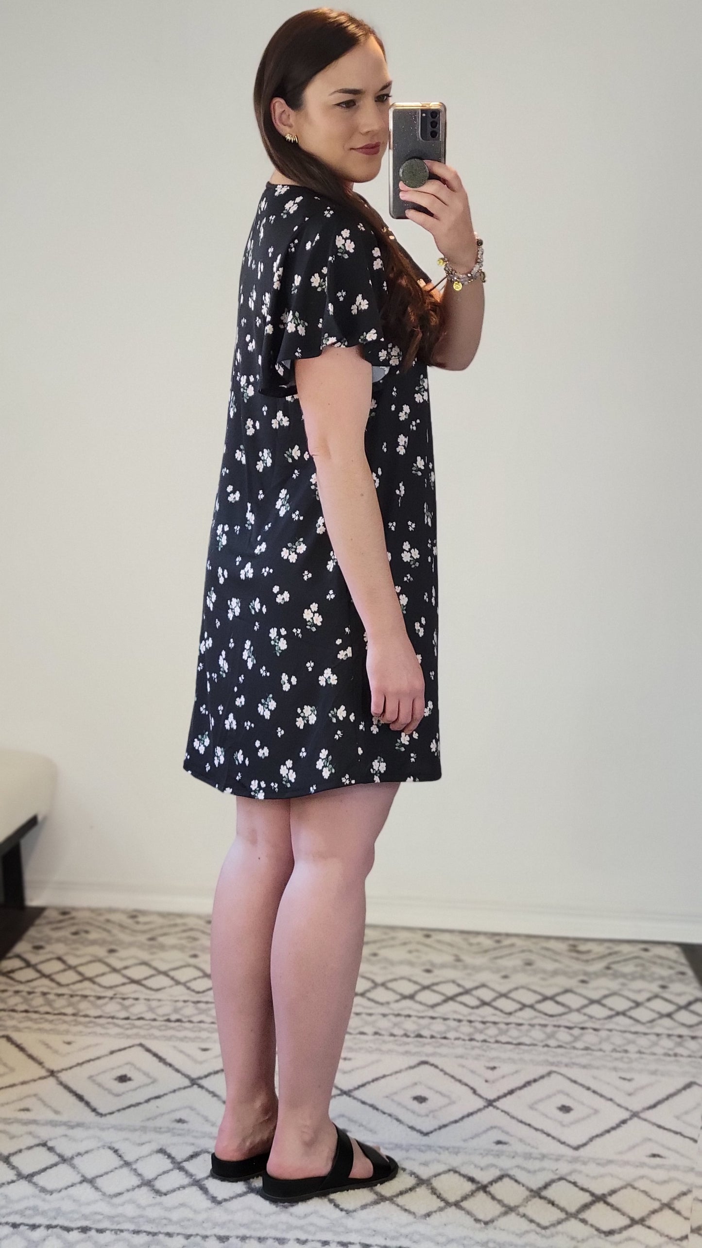 Black Floral Mini Dress with Pockets "Ellen"