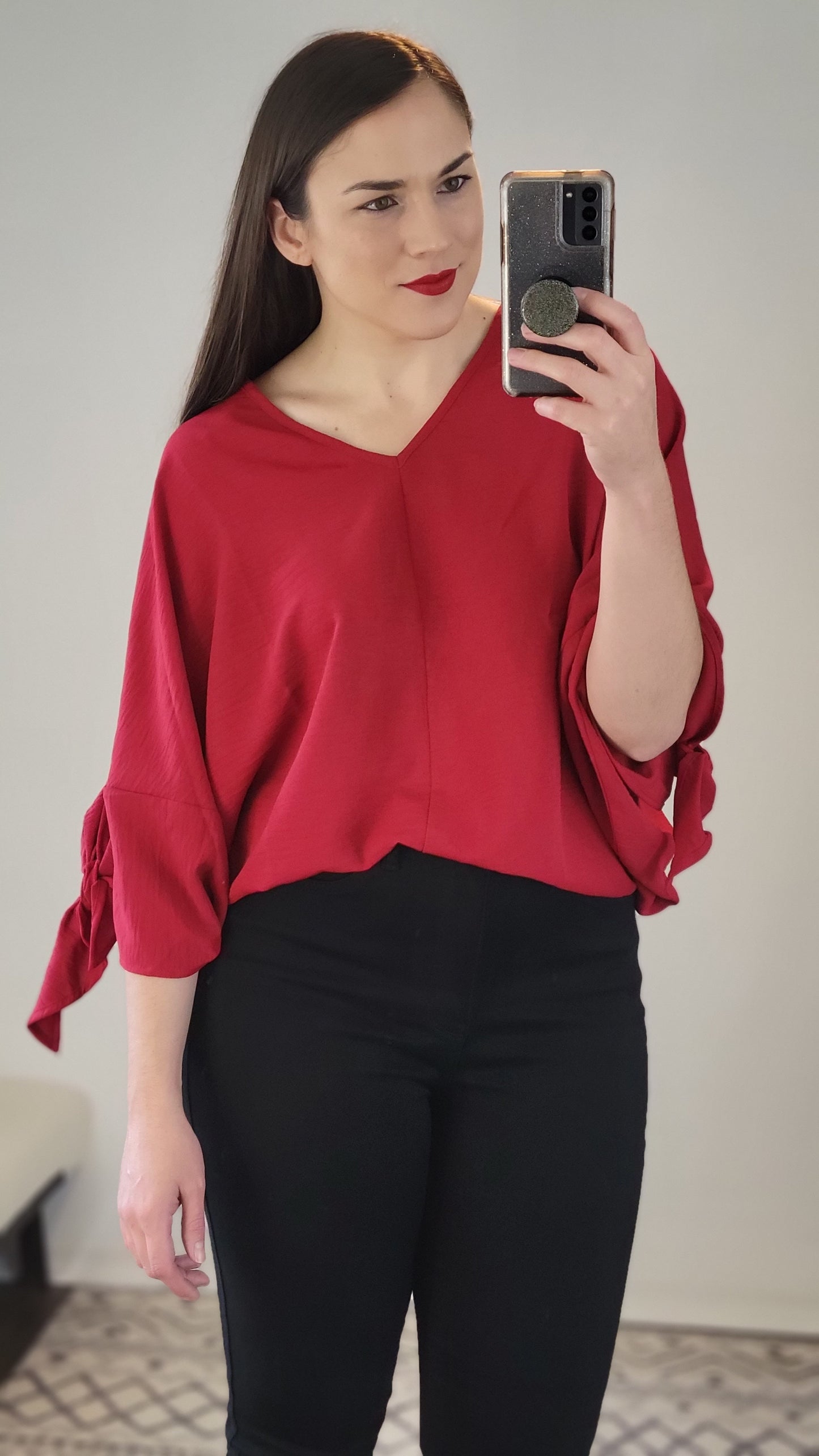 Ruby Red Sleeve Tie Detail Airflow Top "Eleanor"