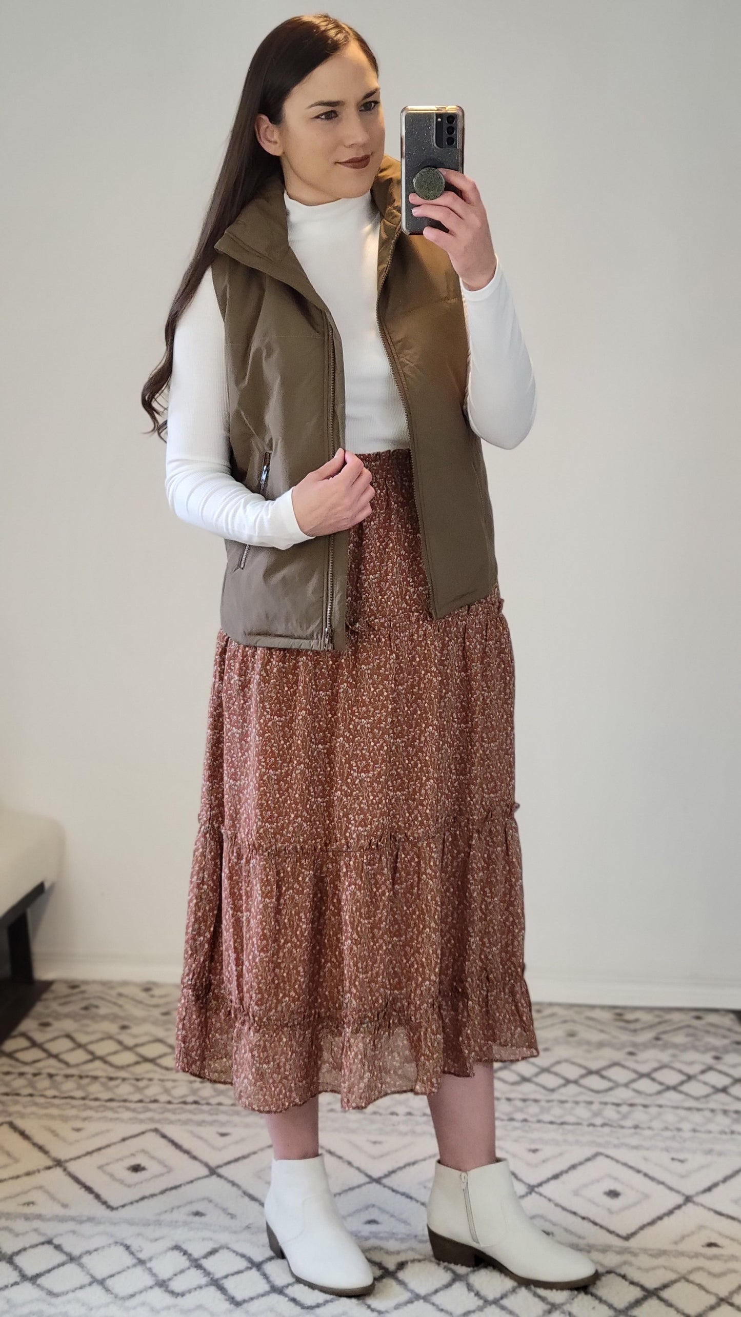 Rust Floral Chenille Layered Long Skirt with Pockets "Rhonda"