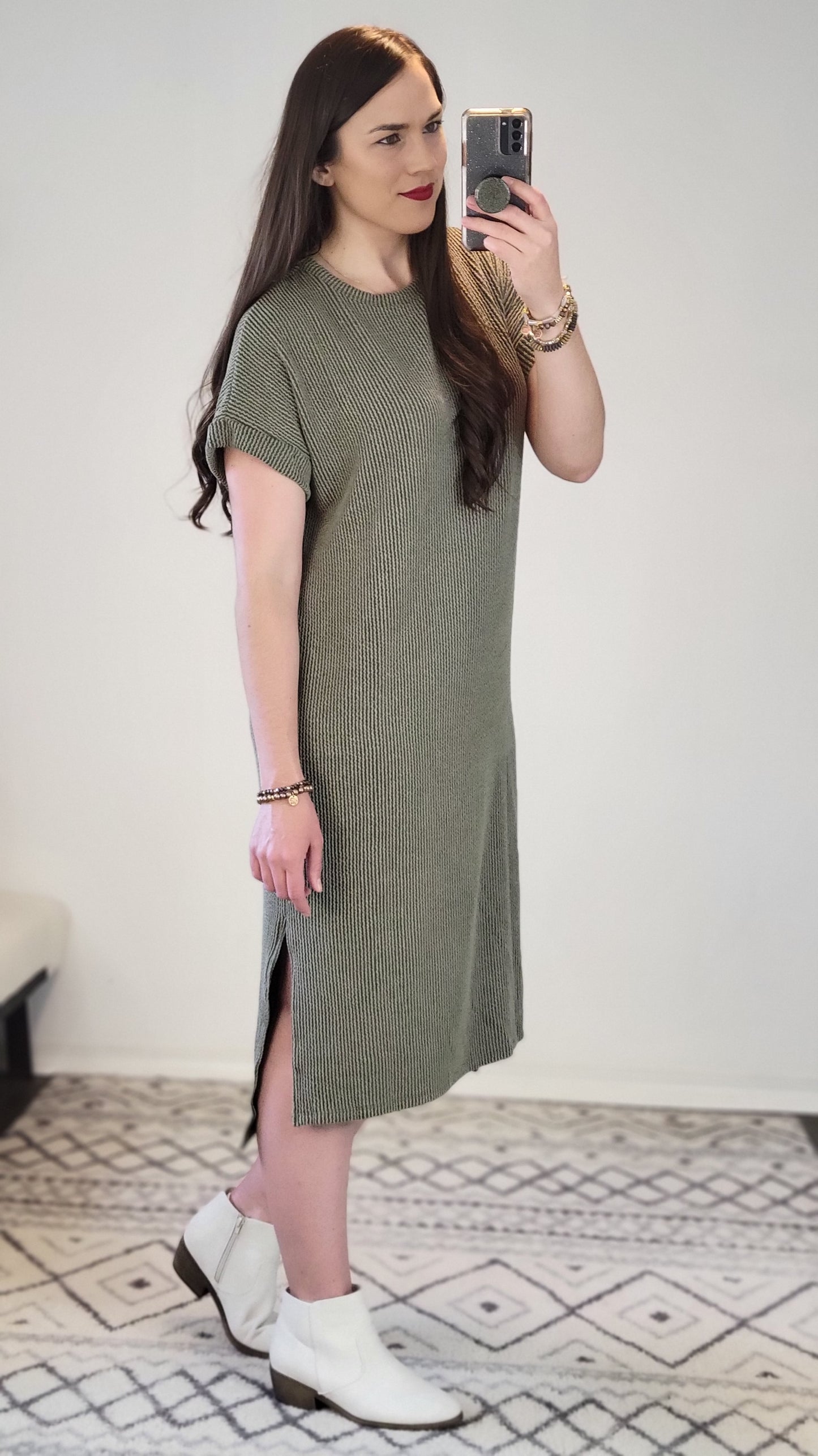 Olive Ribbed Textured Dress "Gil"