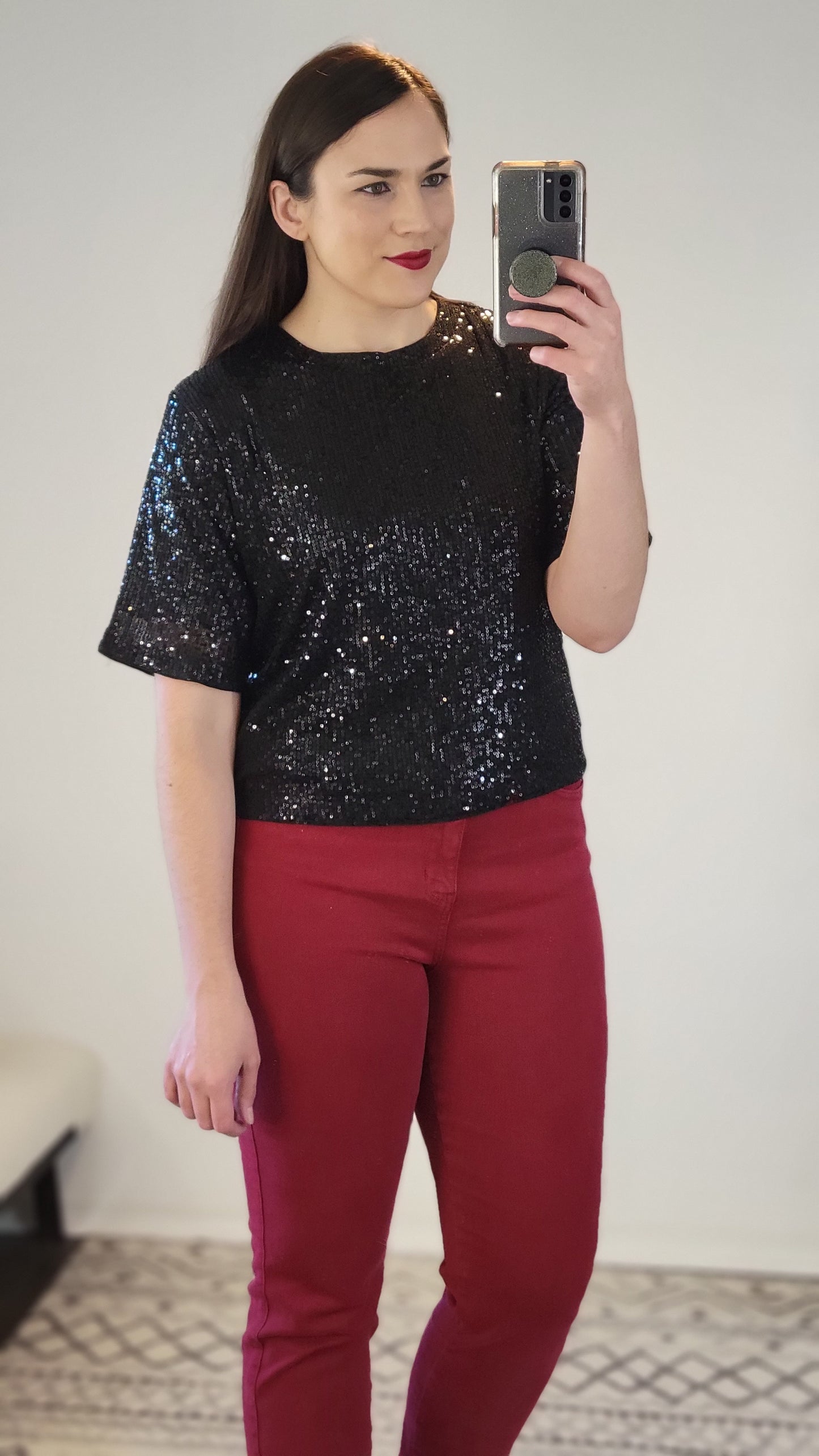 Black Sequin Relaxed Crop Top "Willow"