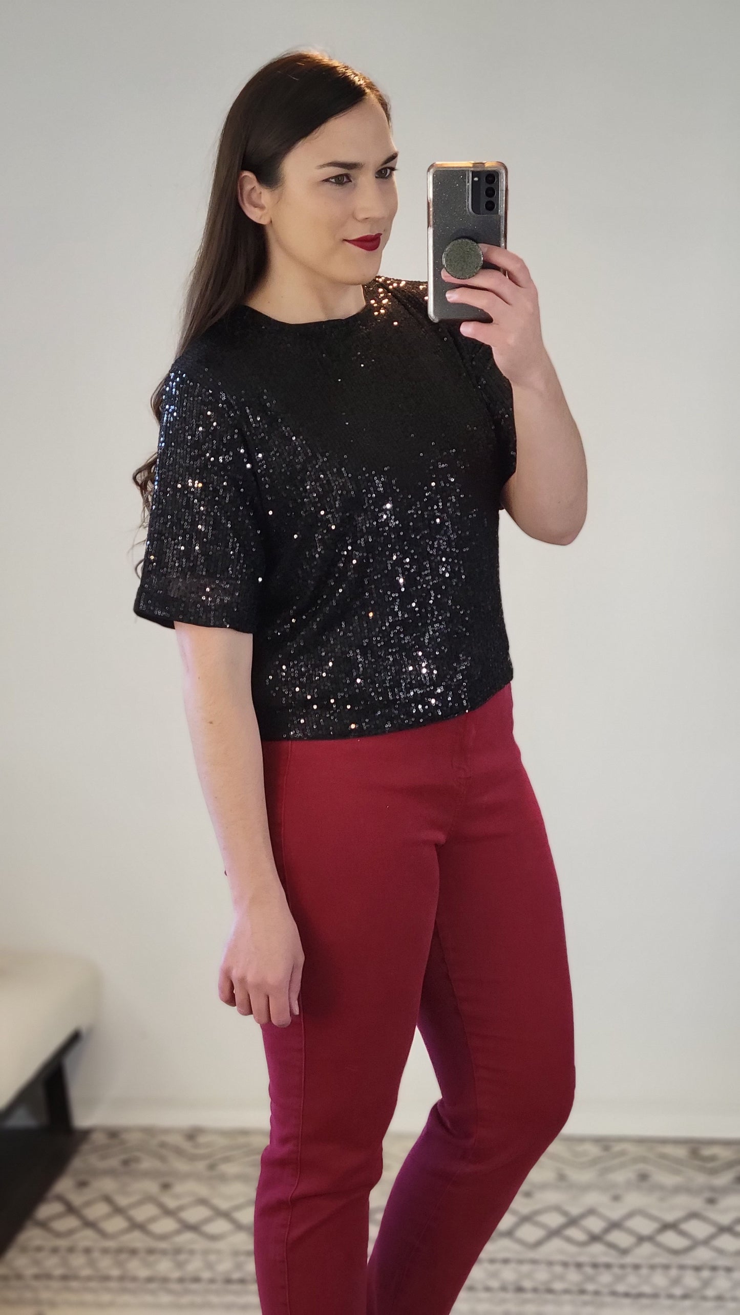 Black Sequin Relaxed Crop Top "Willow"