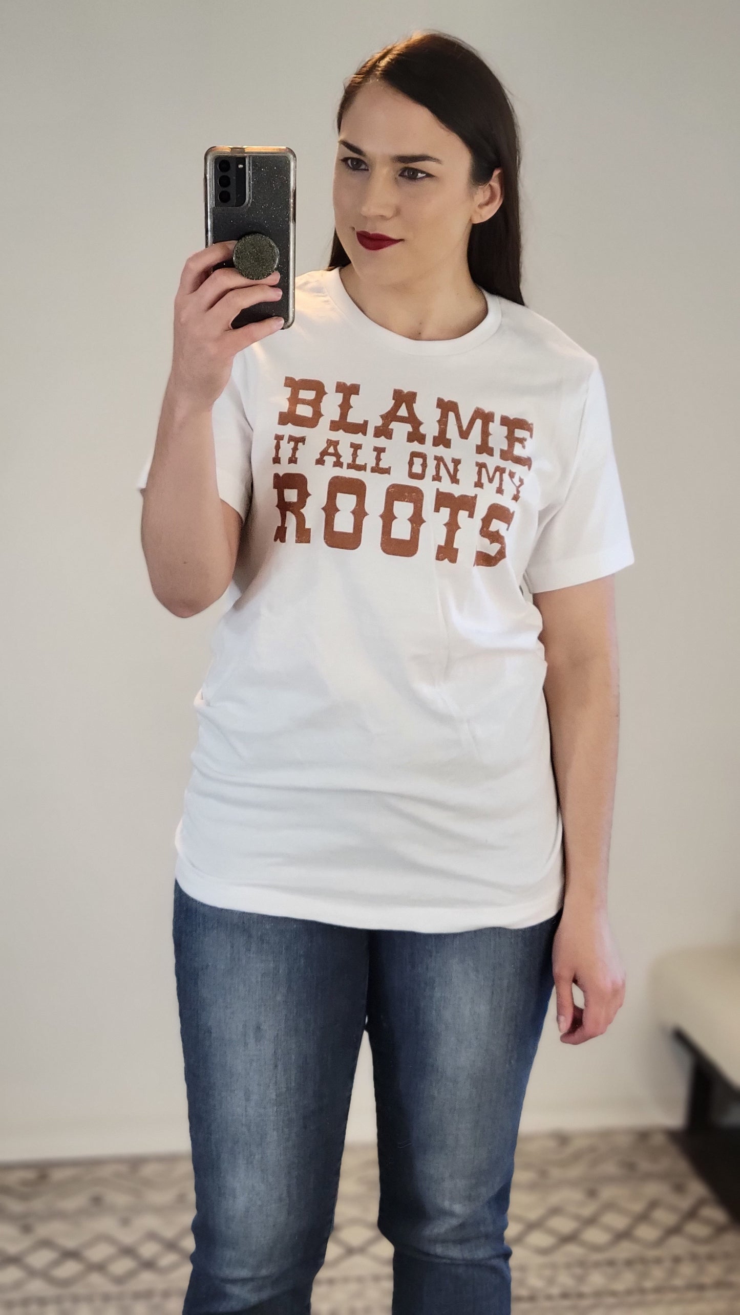 White Blame It All On My Roots Graphic Tee "Tara"