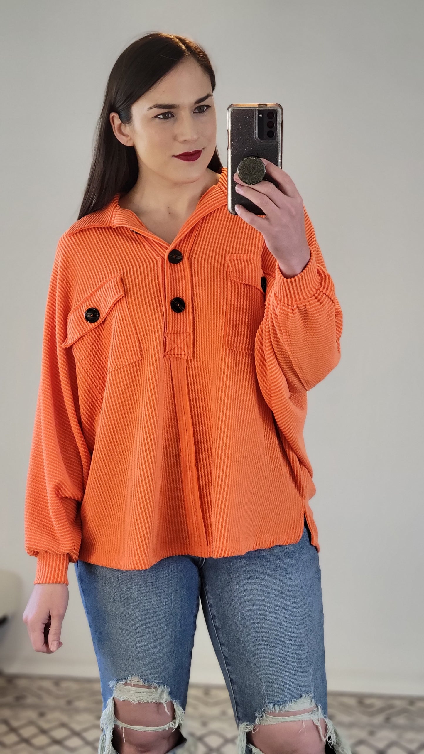 Orange Collared Oversized Button Up Ribbed Pullover Top "Patricia"