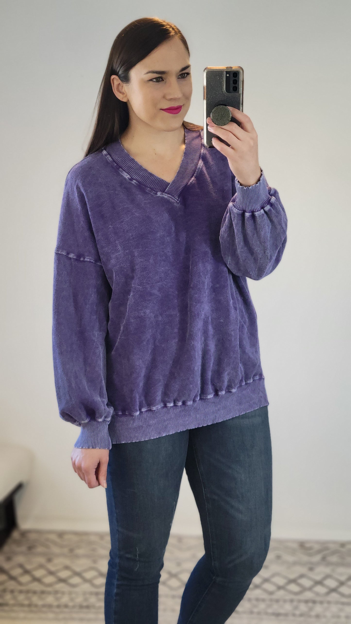 Purple Mineral Washed V-neck Sweater “Xena"