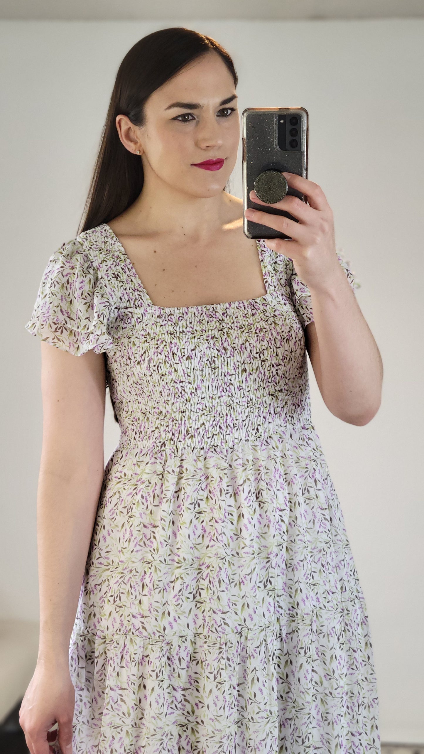 Purple Floral Midi Dress with Pockets “Auggie”