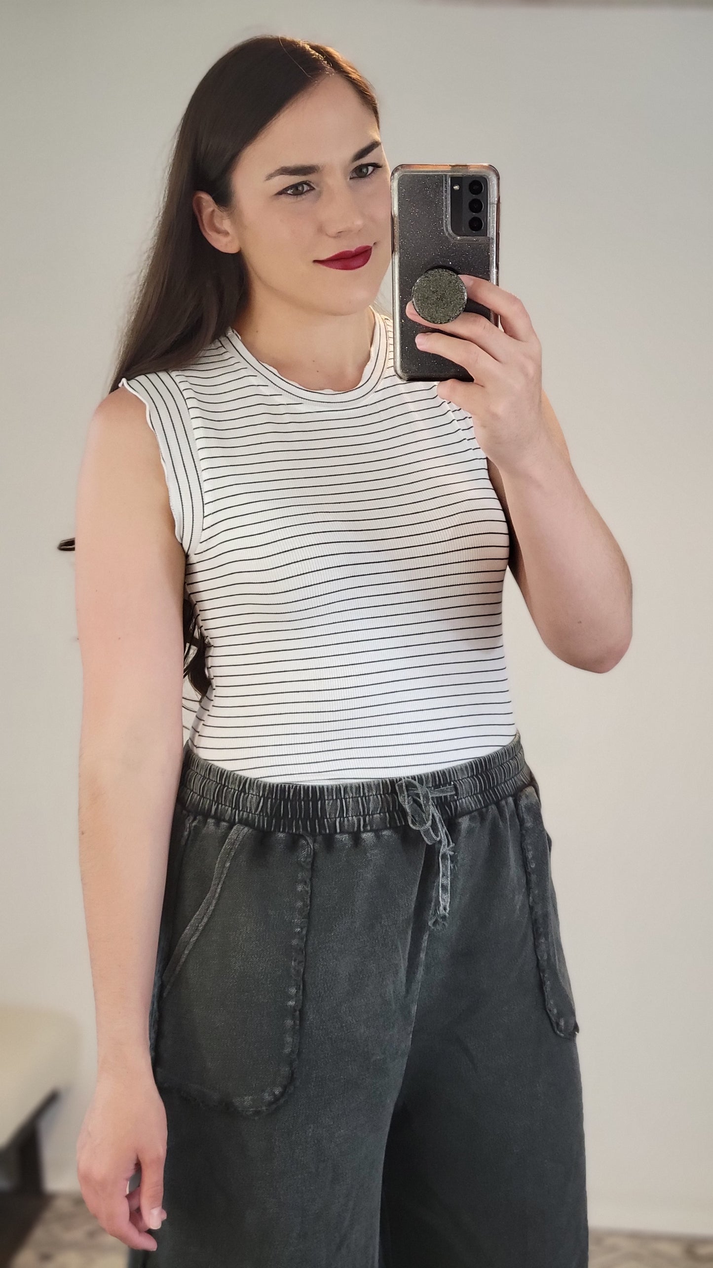 White/Black Striped Fitted Ruffle Tank Top “Bernadette”