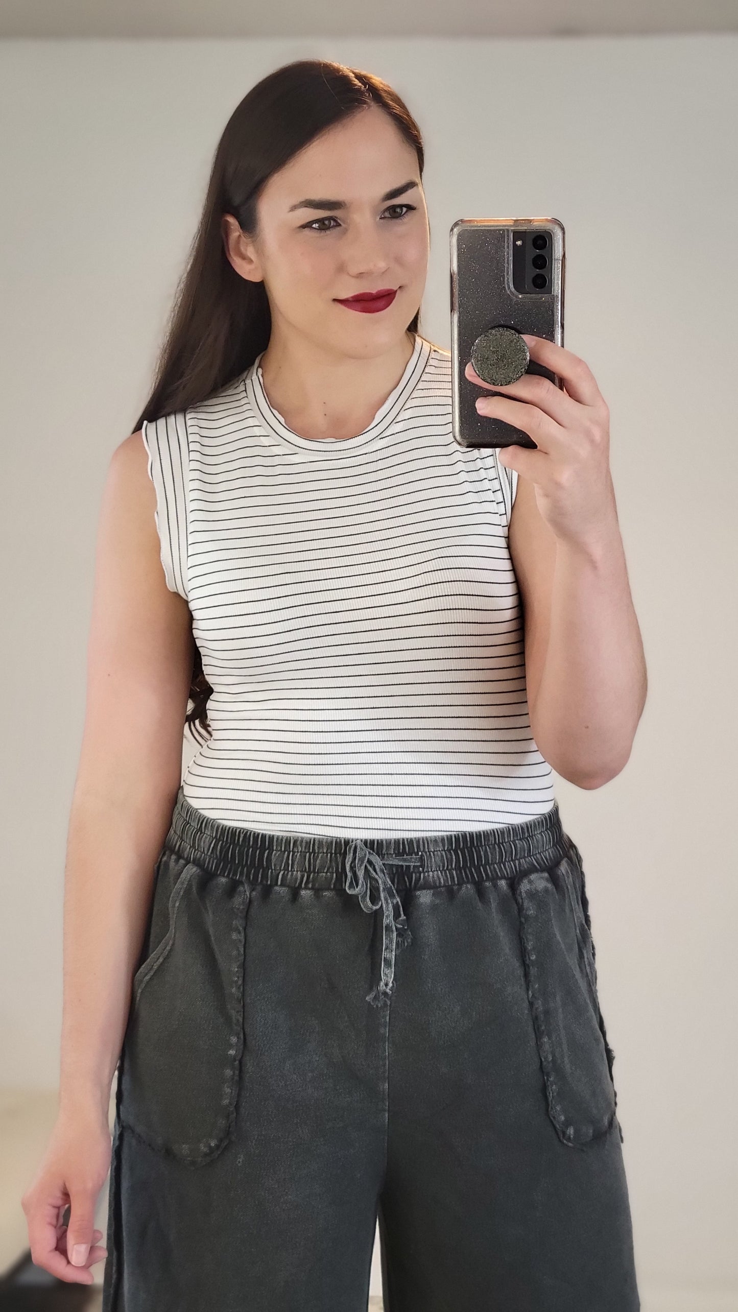 White/Black Striped Fitted Ruffle Tank Top “Bernadette”