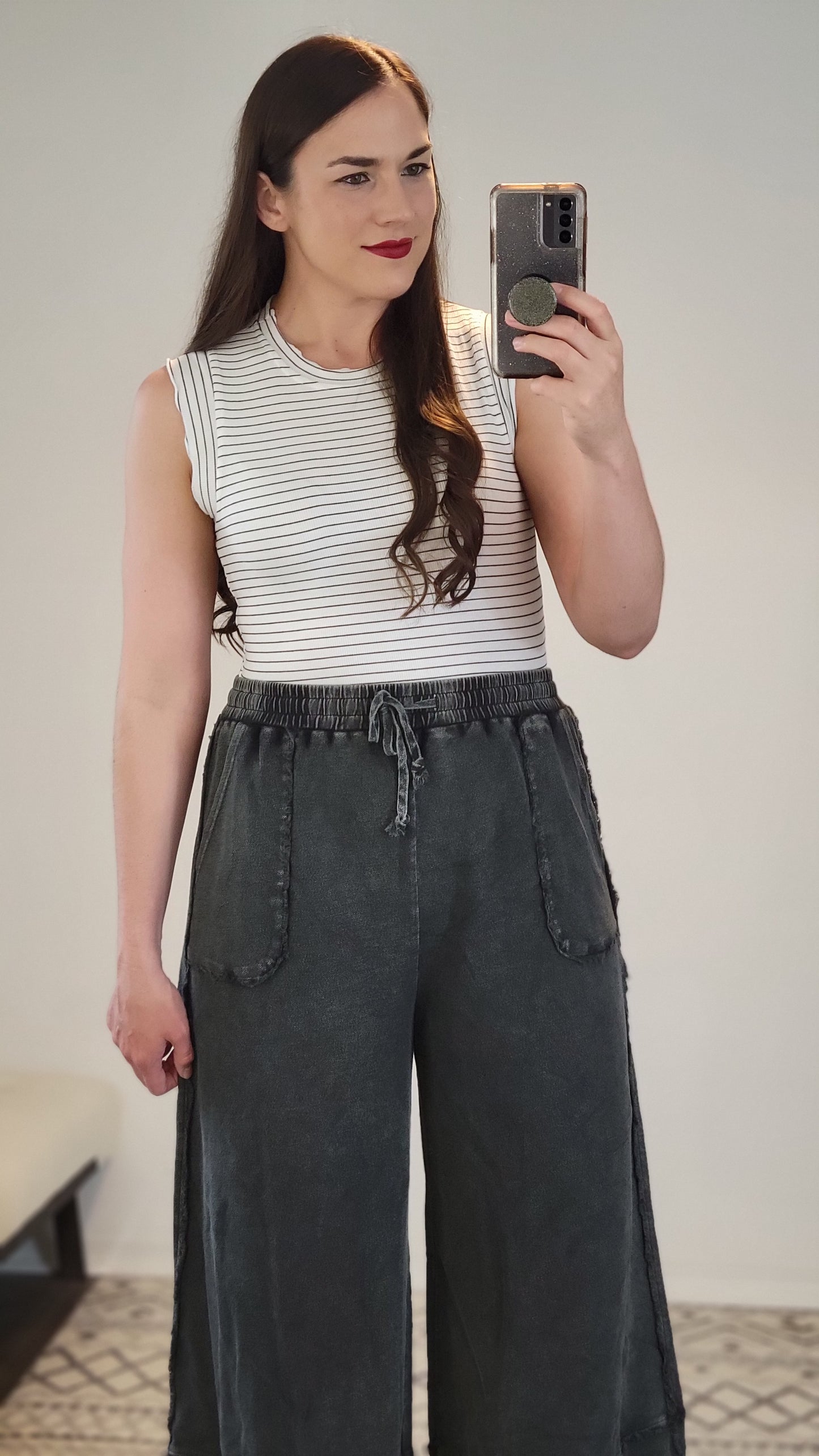 White/Black Striped Fitted Ruffle Tank Top “Bernadette”