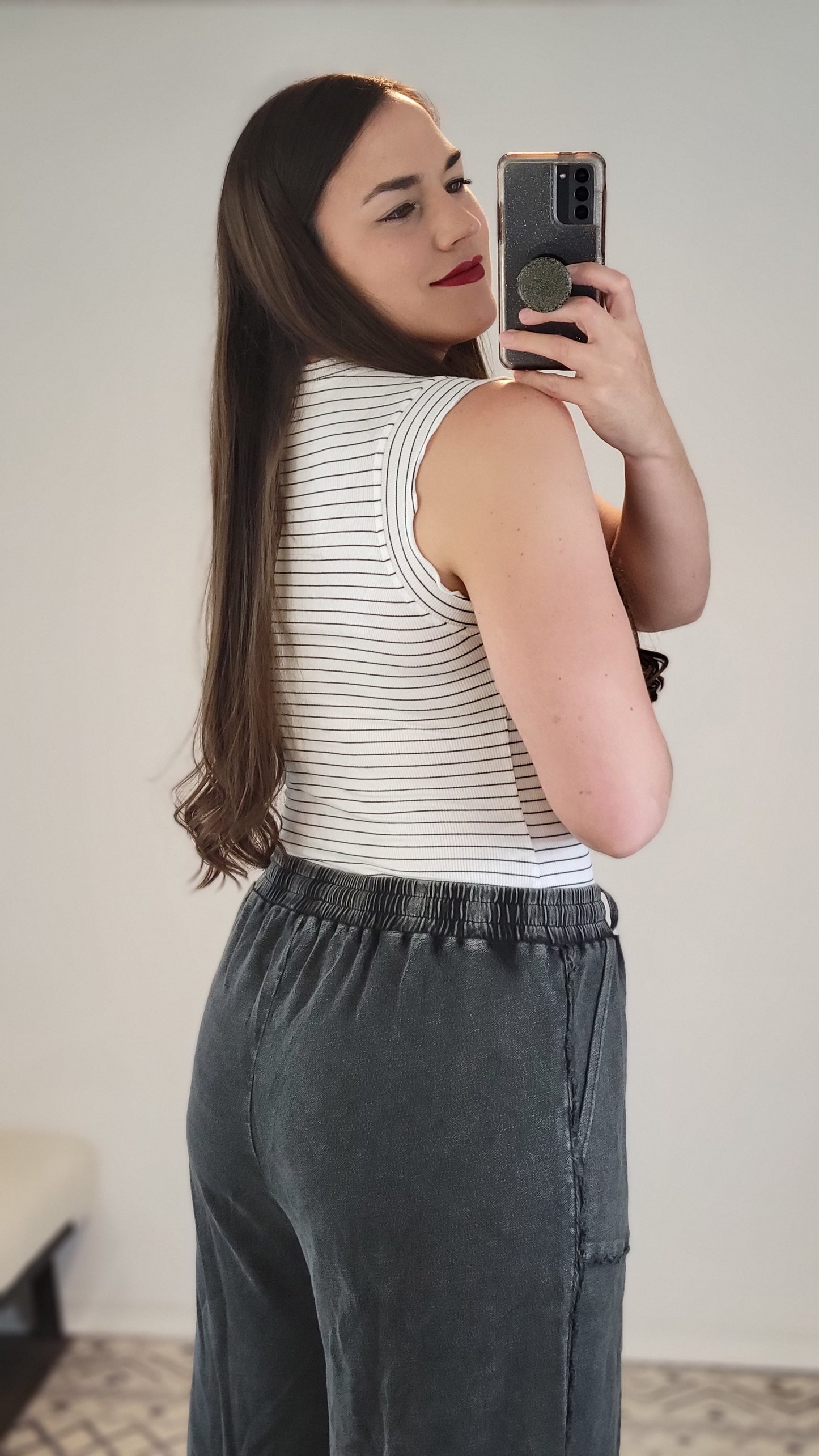 White/Black Striped Fitted Ruffle Tank Top “Bernadette”