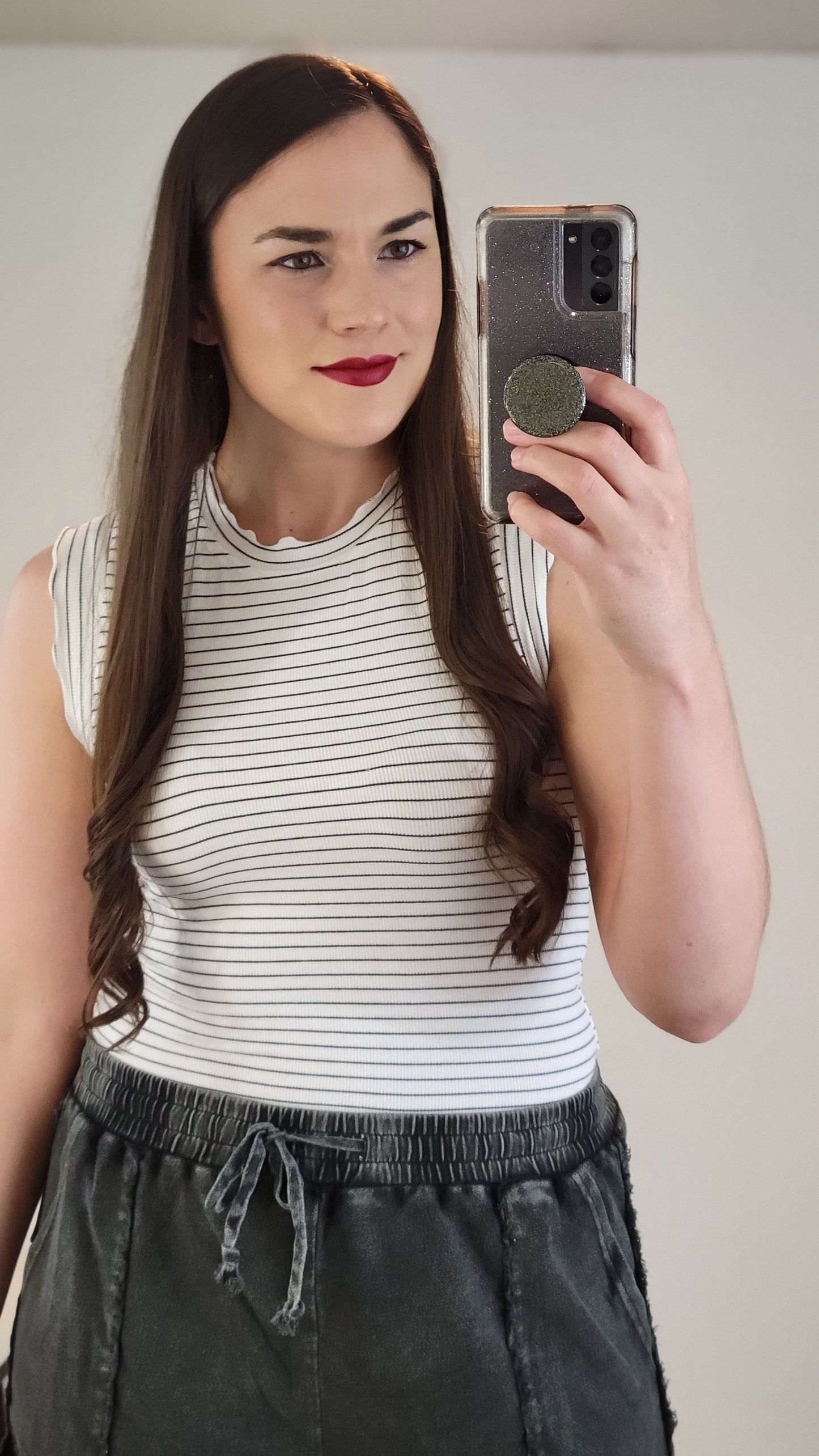 White/Black Striped Fitted Ruffle Tank Top “Bernadette”