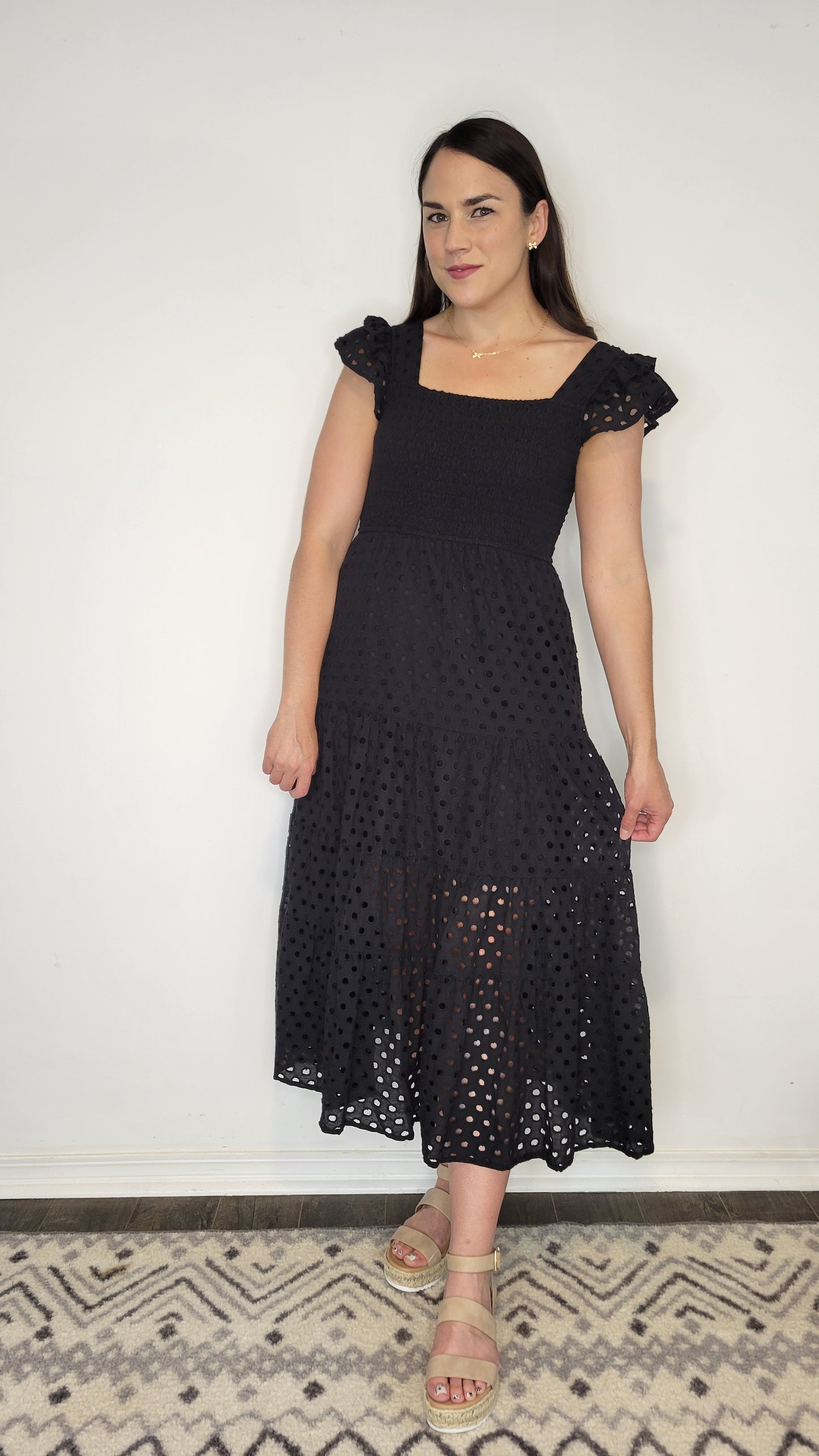 Black Eyelet Midi Dress with Pockets “Everly”