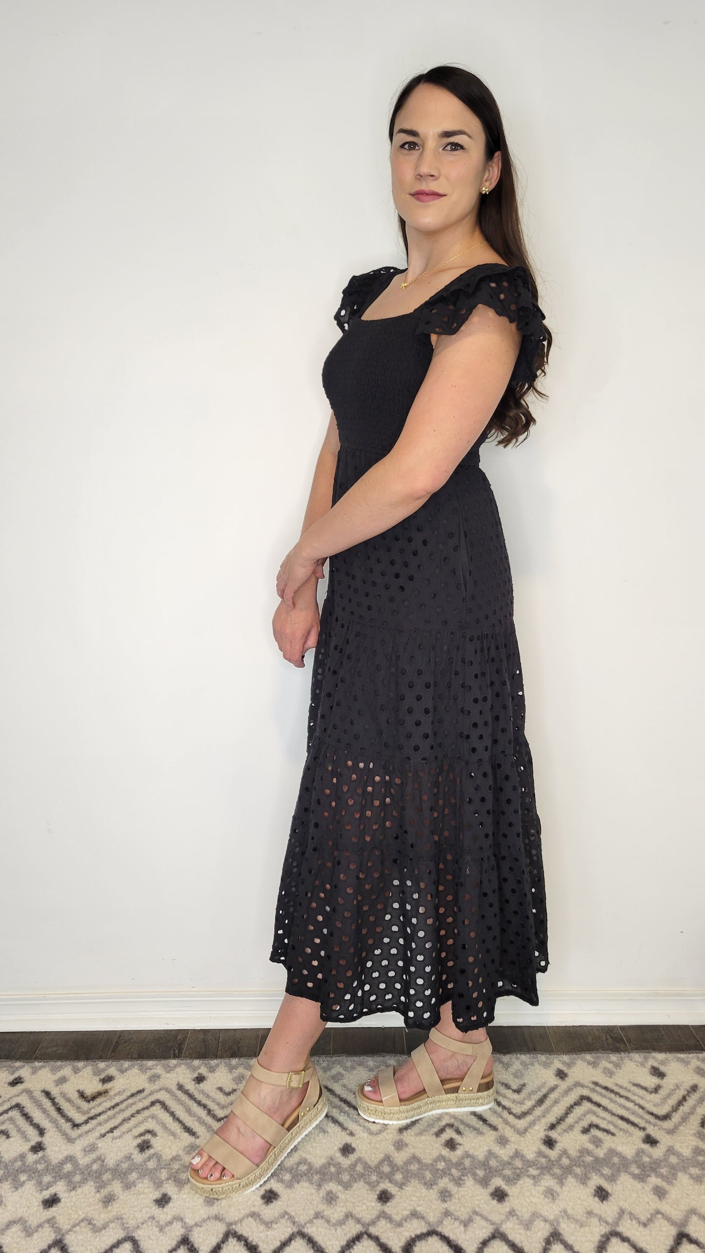 Black Eyelet Midi Dress with Pockets “Everly”