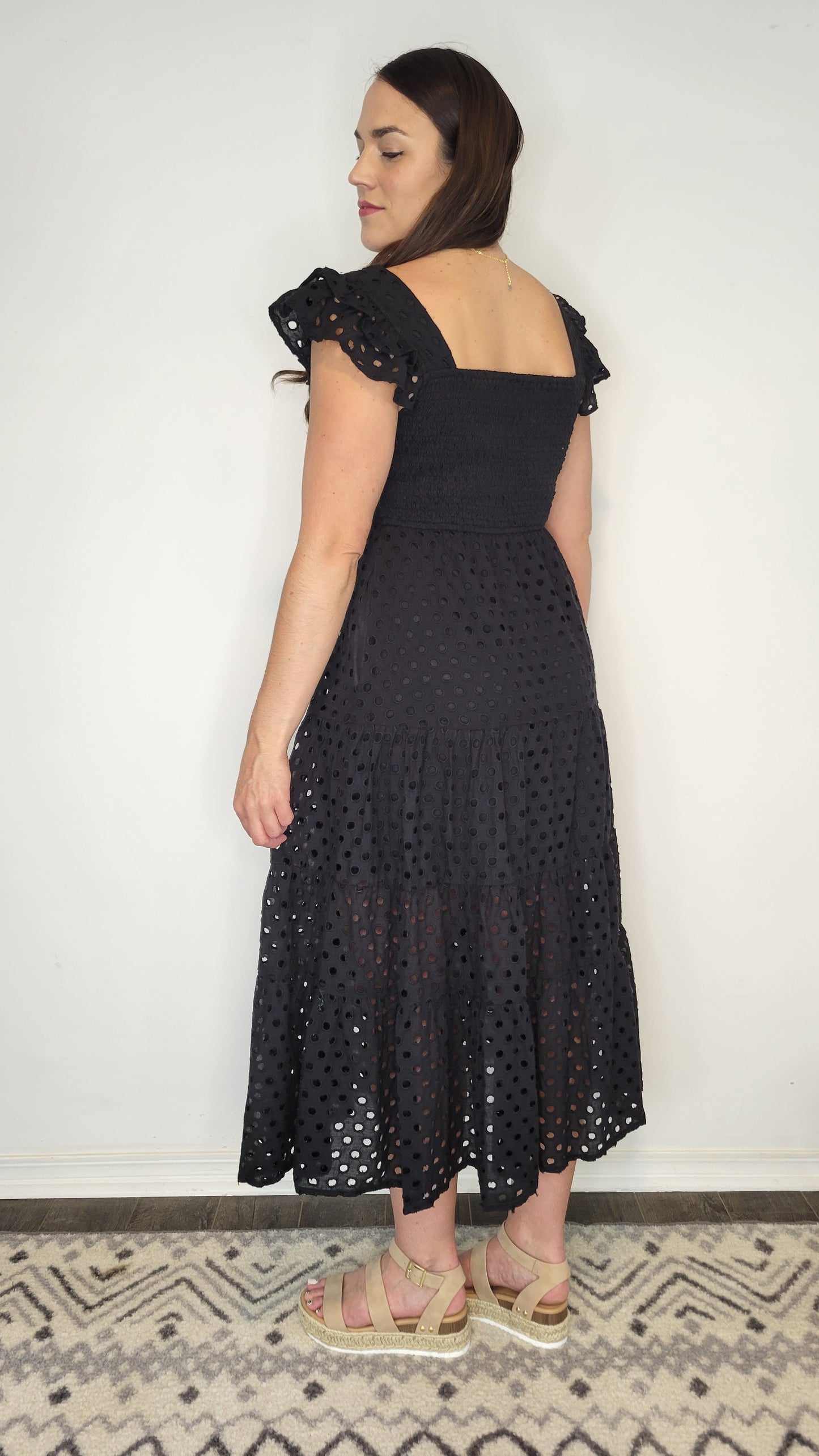 Black Eyelet Midi Dress with Pockets “Everly”