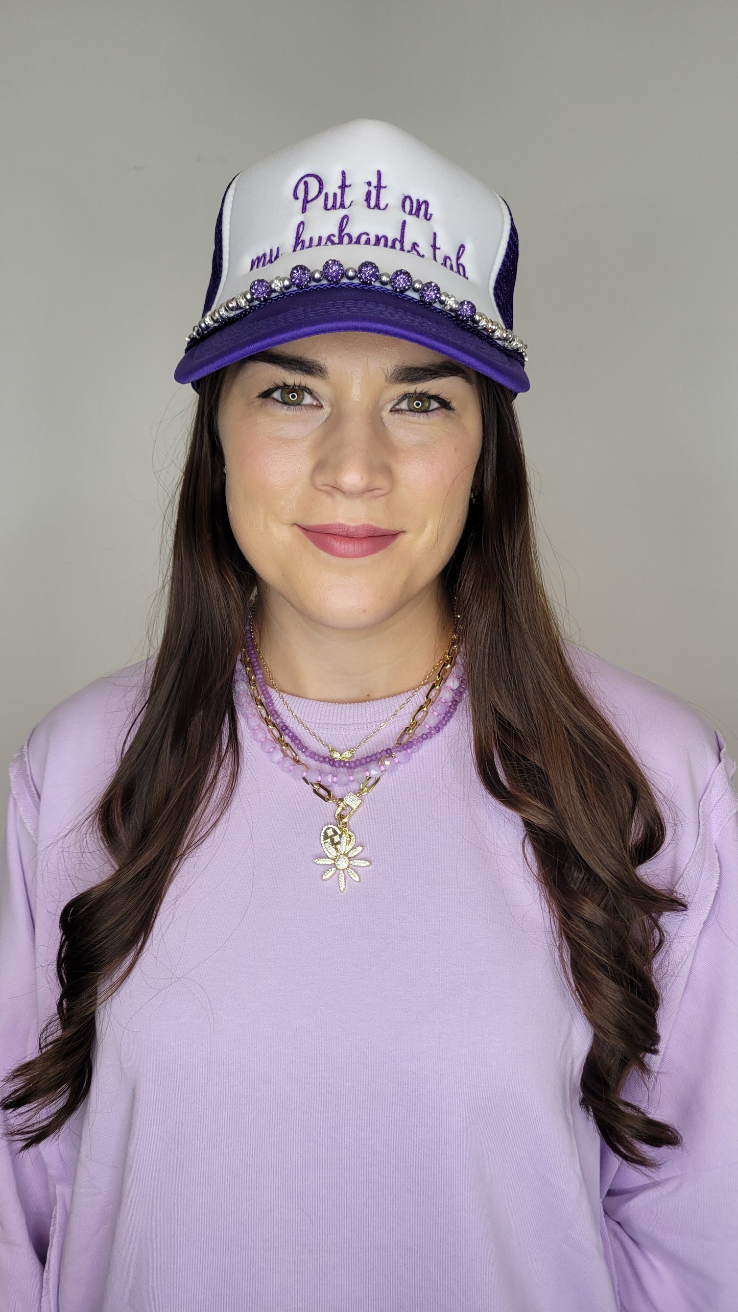 Purple/White “Put it on my husband’s tab” Trucker Hat & Chain