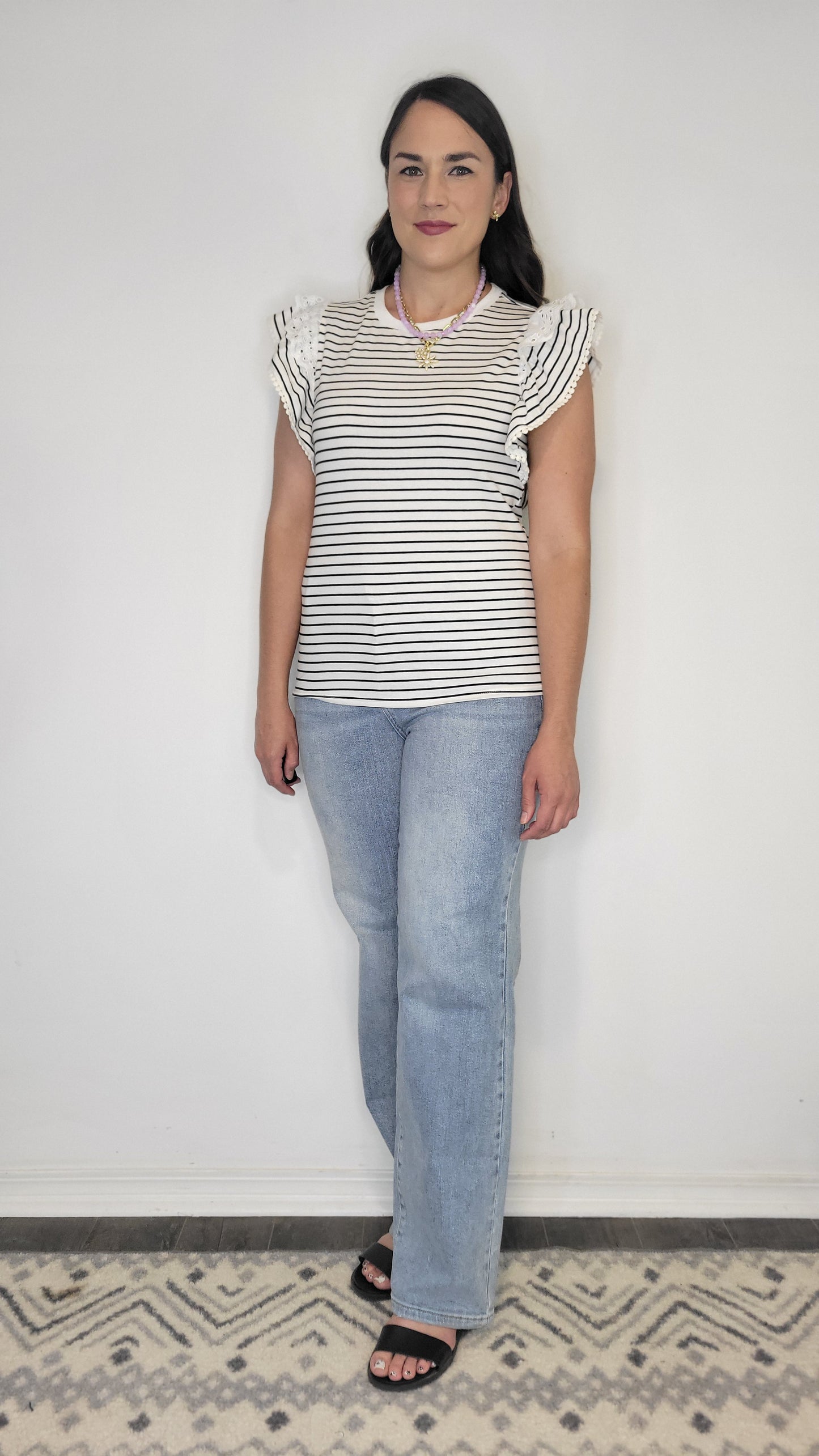 White/ Black Stripe Flutter Sleeve Top “Reagan”