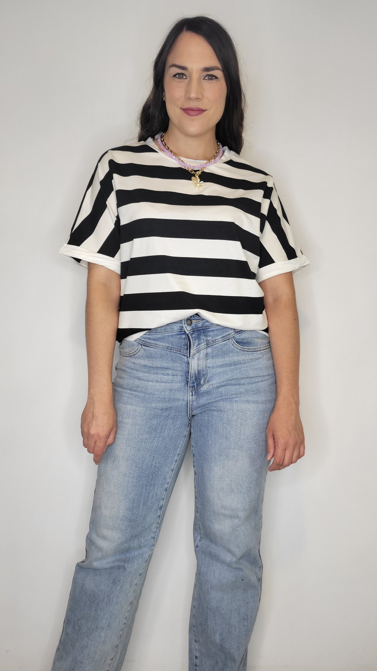 Black/ White Stripe Half Sleeve Drop Shoulder Top “Riley”