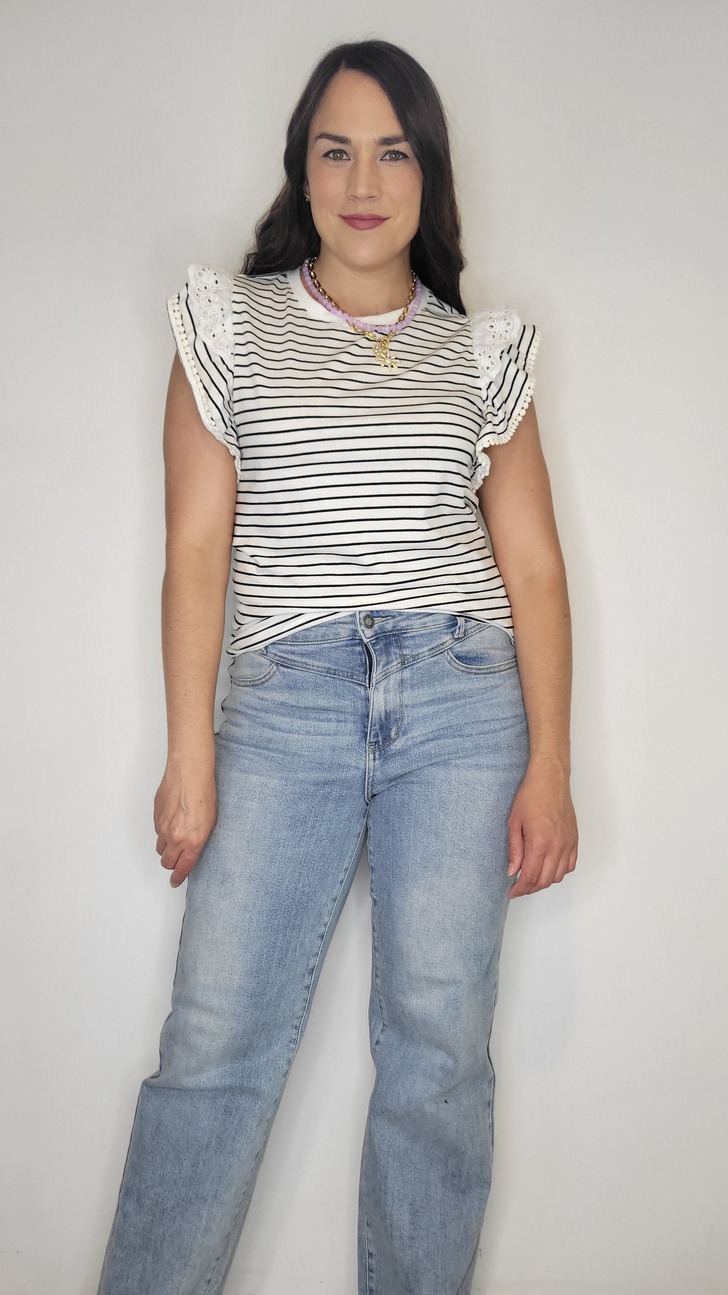 White/ Black Stripe Flutter Sleeve Top “Reagan”