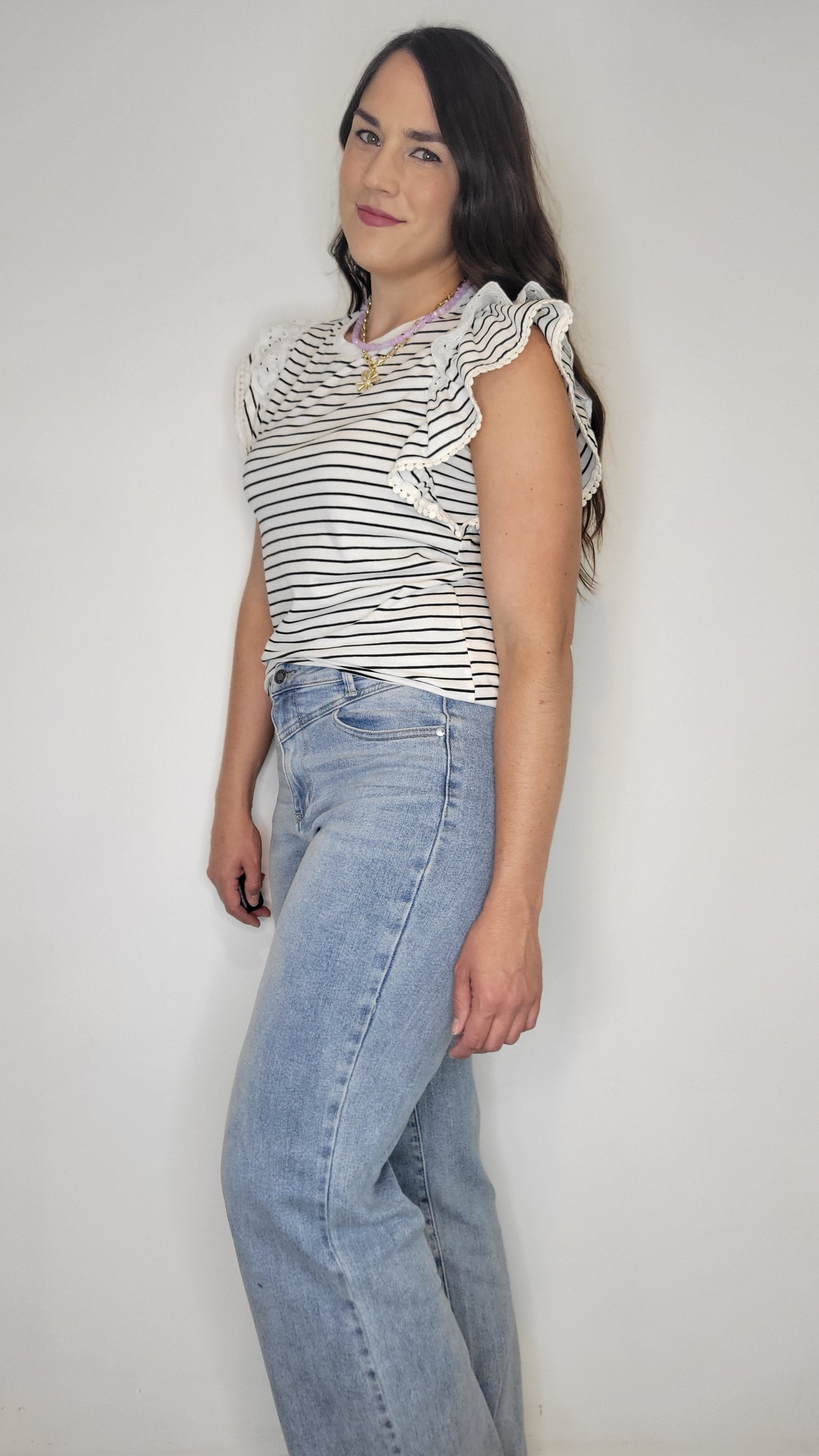 White/ Black Stripe Flutter Sleeve Top “Reagan”