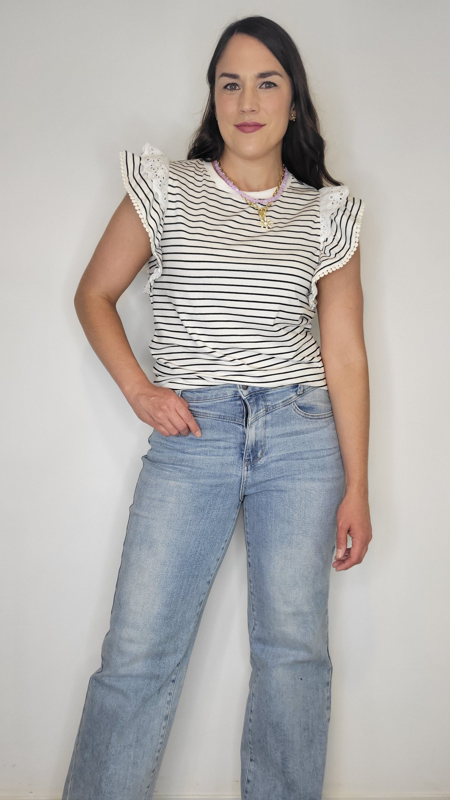 White/ Black Stripe Flutter Sleeve Top “Reagan”