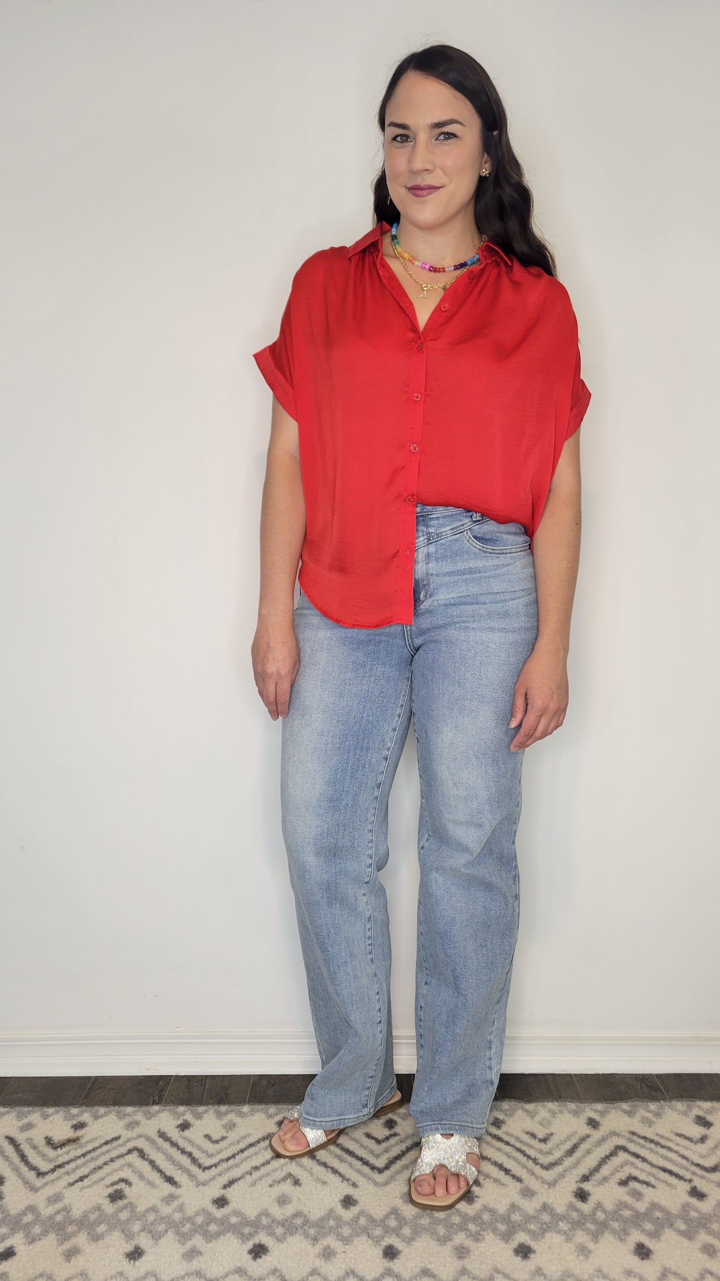 Red Satin Collar Button Up Top “Rosalie”