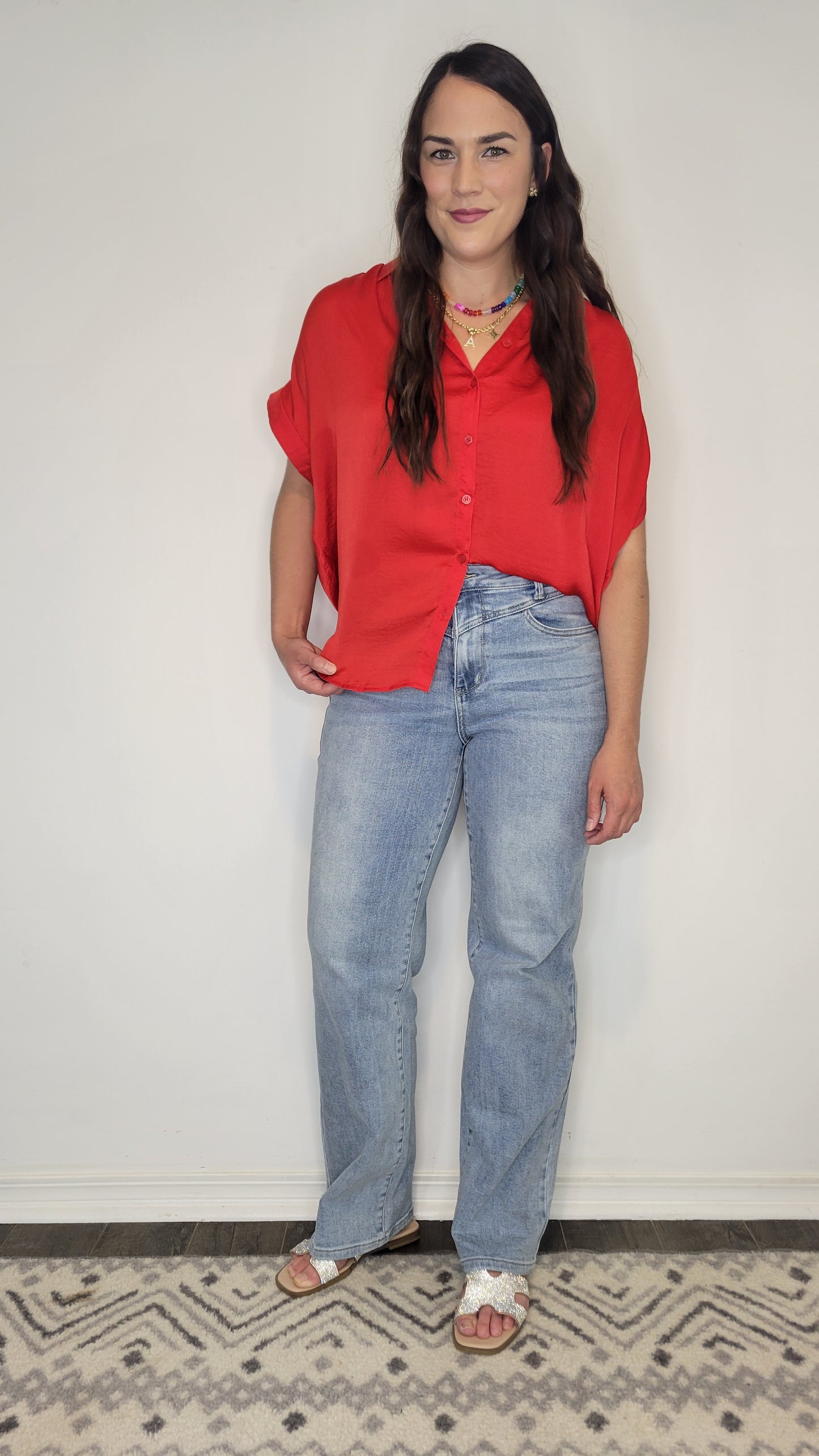 Red Satin Collar Button Up Top “Rosalie”