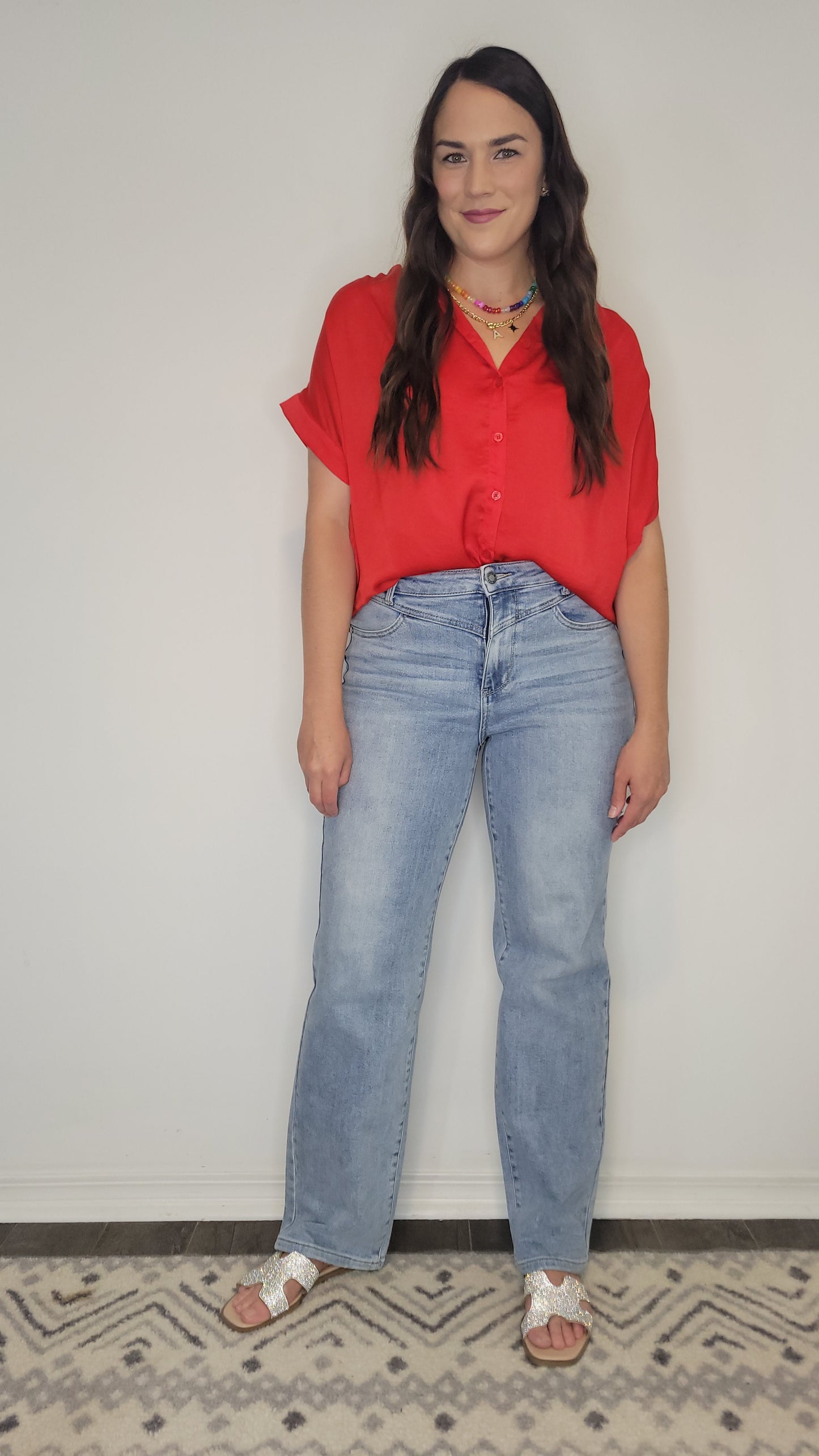 Red Satin Collar Button Up Top “Rosalie”