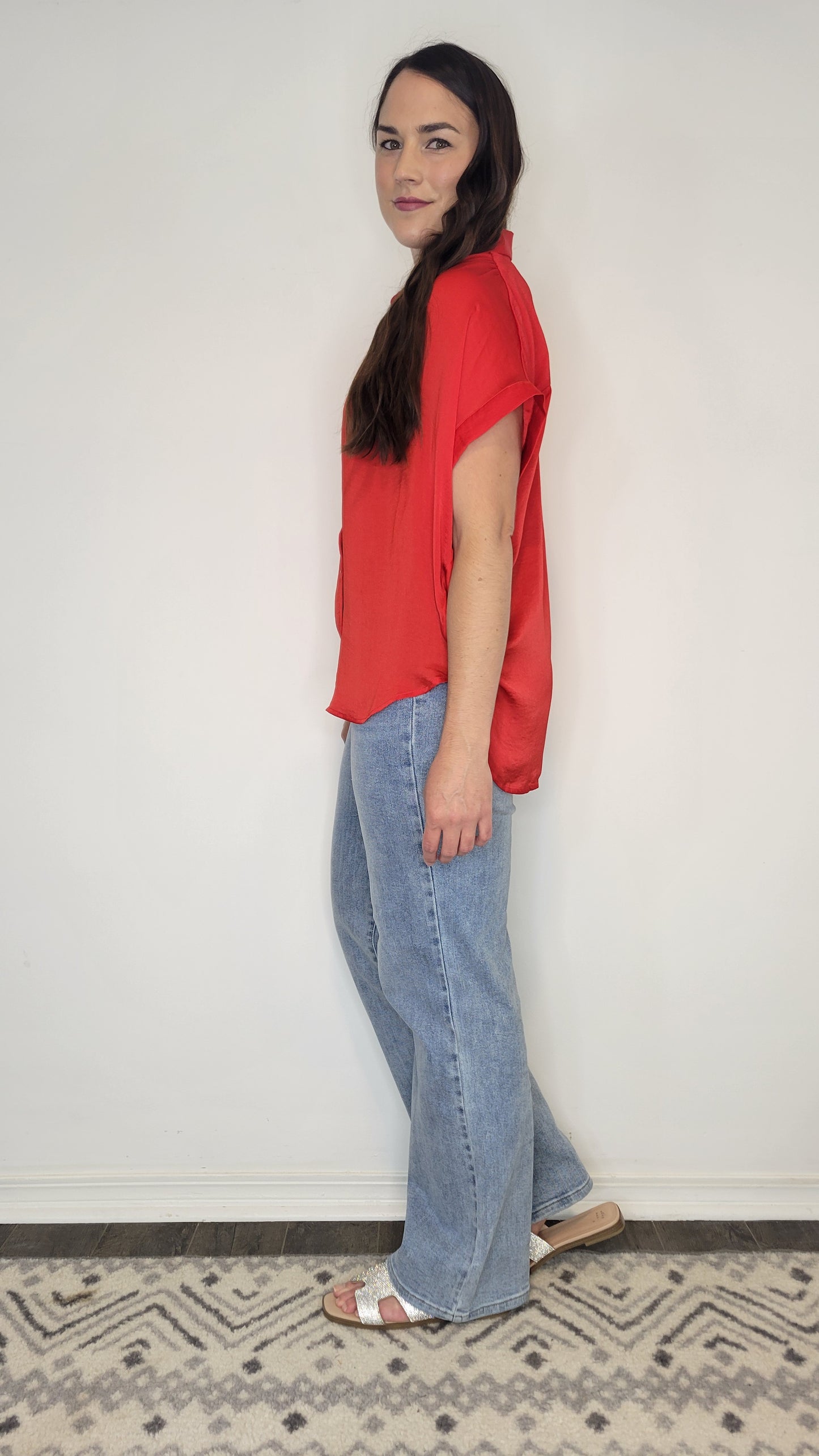 Red Satin Collar Button Up Top “Rosalie”