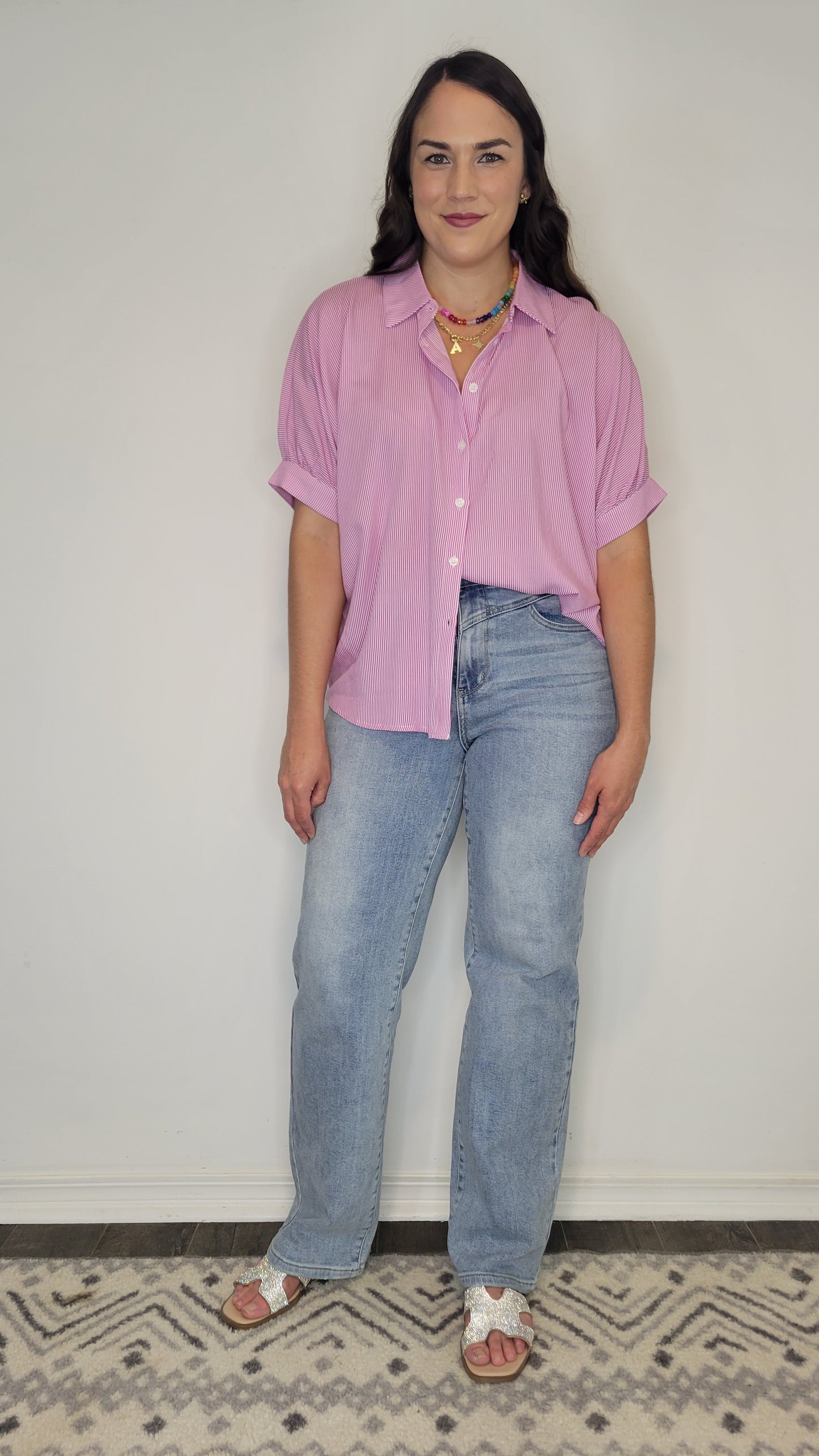 Barbie Pink/ White Stripe Collar Button Up Top “Bella”