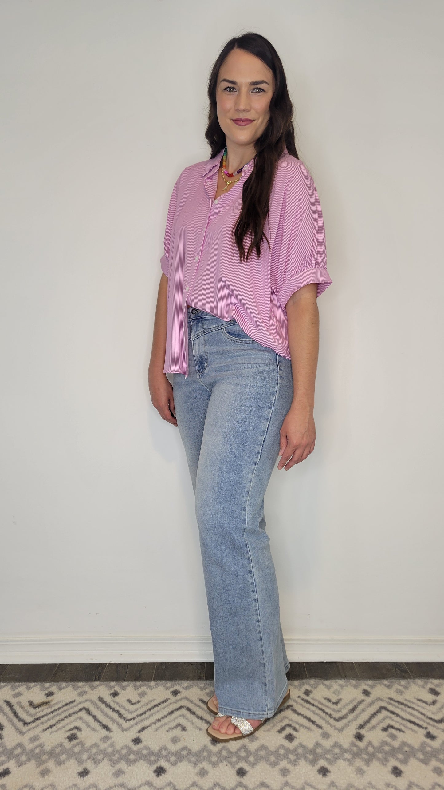 Barbie Pink/ White Stripe Collar Button Up Top “Bella”